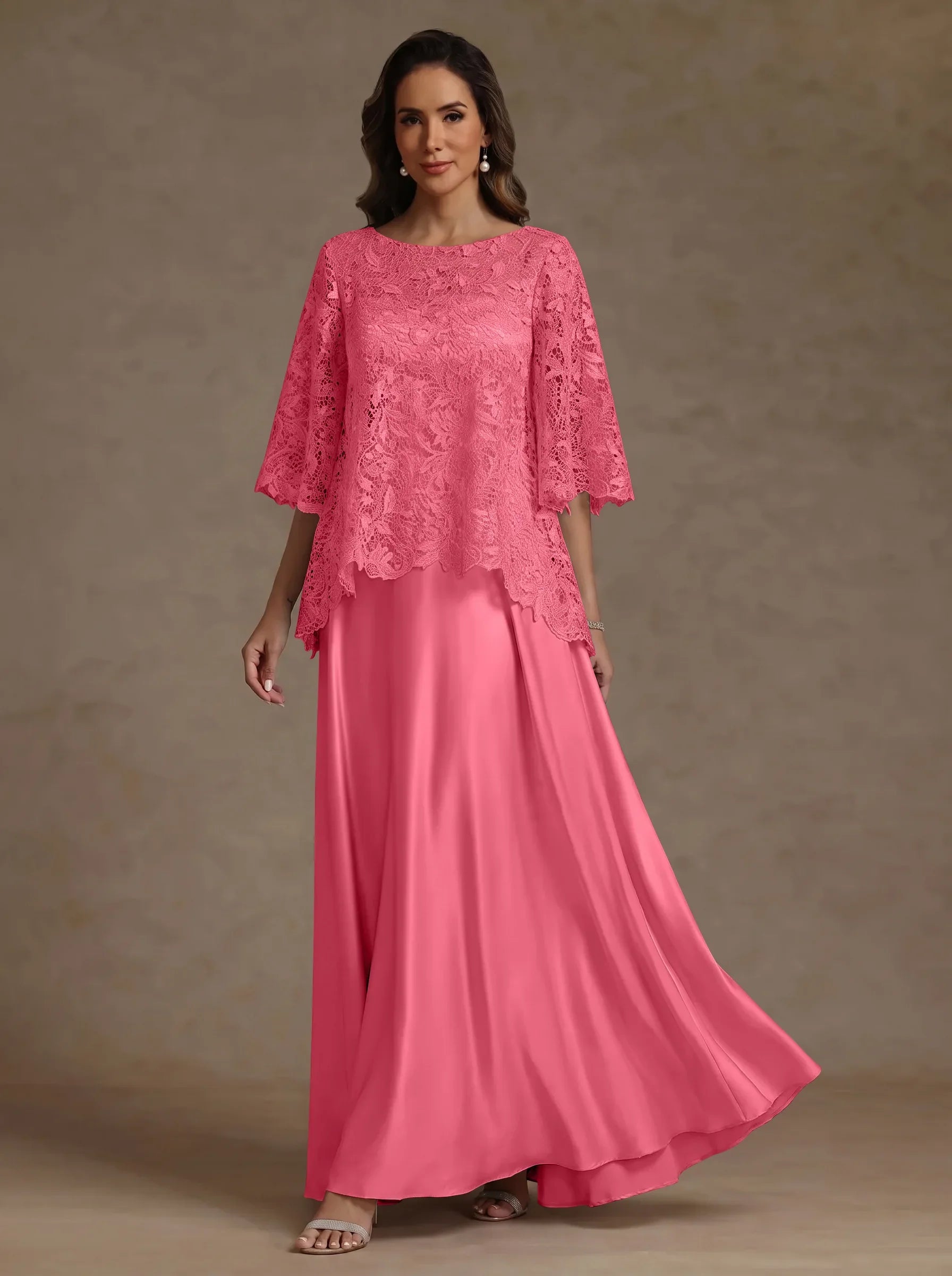 2 Pieces A-Line/Princess Silk Satin Scoop Mother ofthe Bride Dresses  Lace Floor Length Short Sleeves