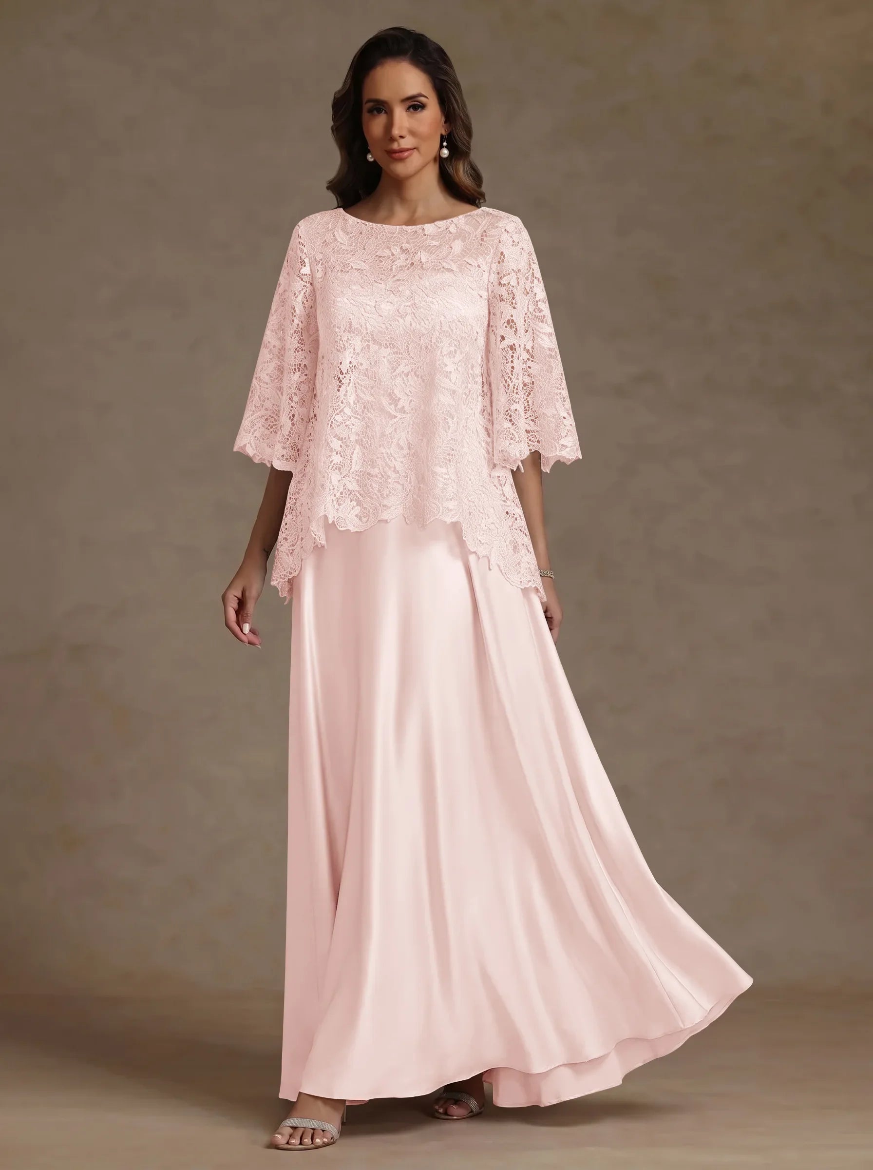 2 Pieces A-Line/Princess Silk Satin Scoop Mother ofthe Bride Dresses  Lace Floor Length Short Sleeves