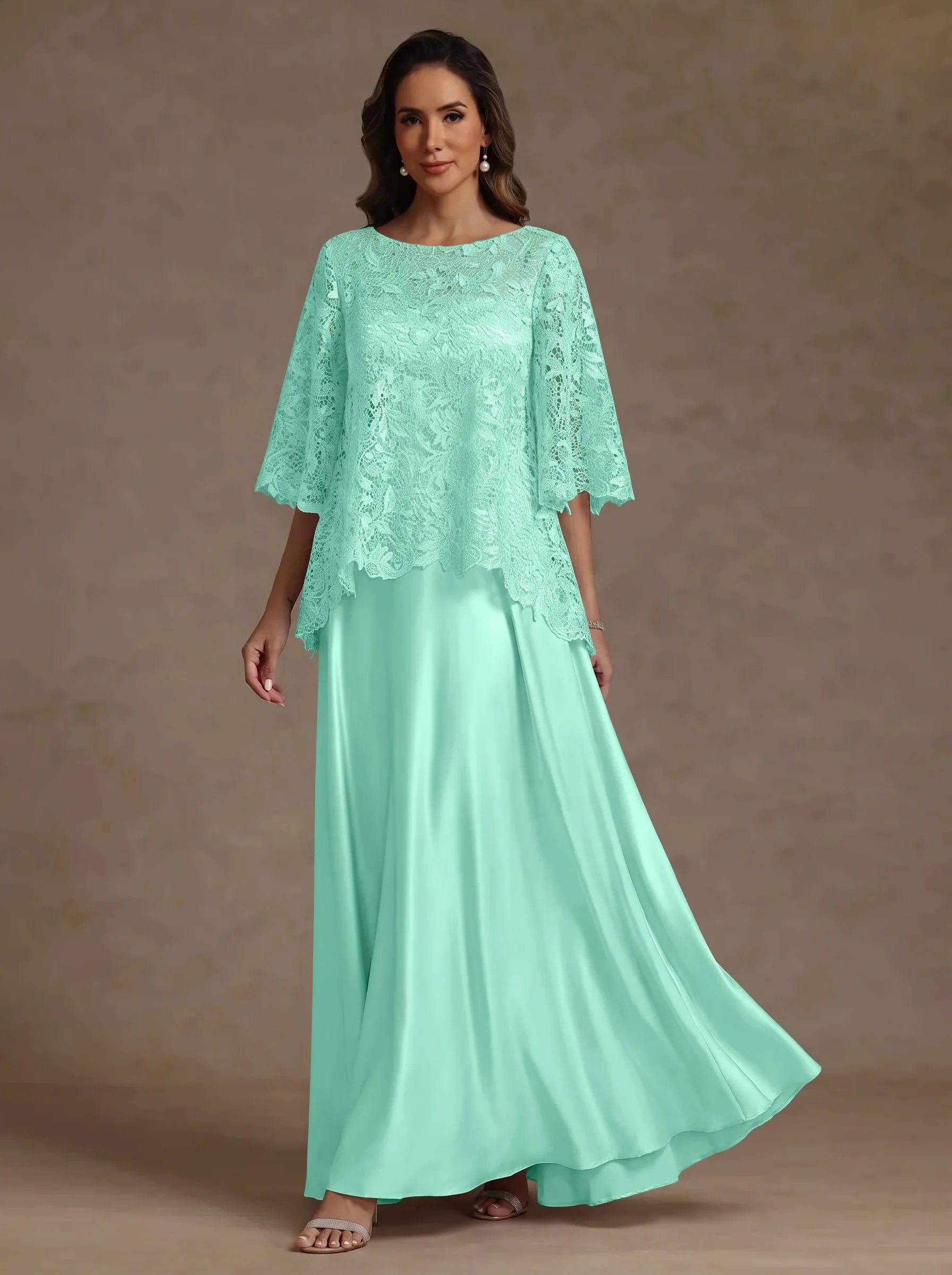 2 Pieces A-Line/Princess Silk Satin Scoop Mother ofthe Bride Dresses  Lace Floor Length Short Sleeves