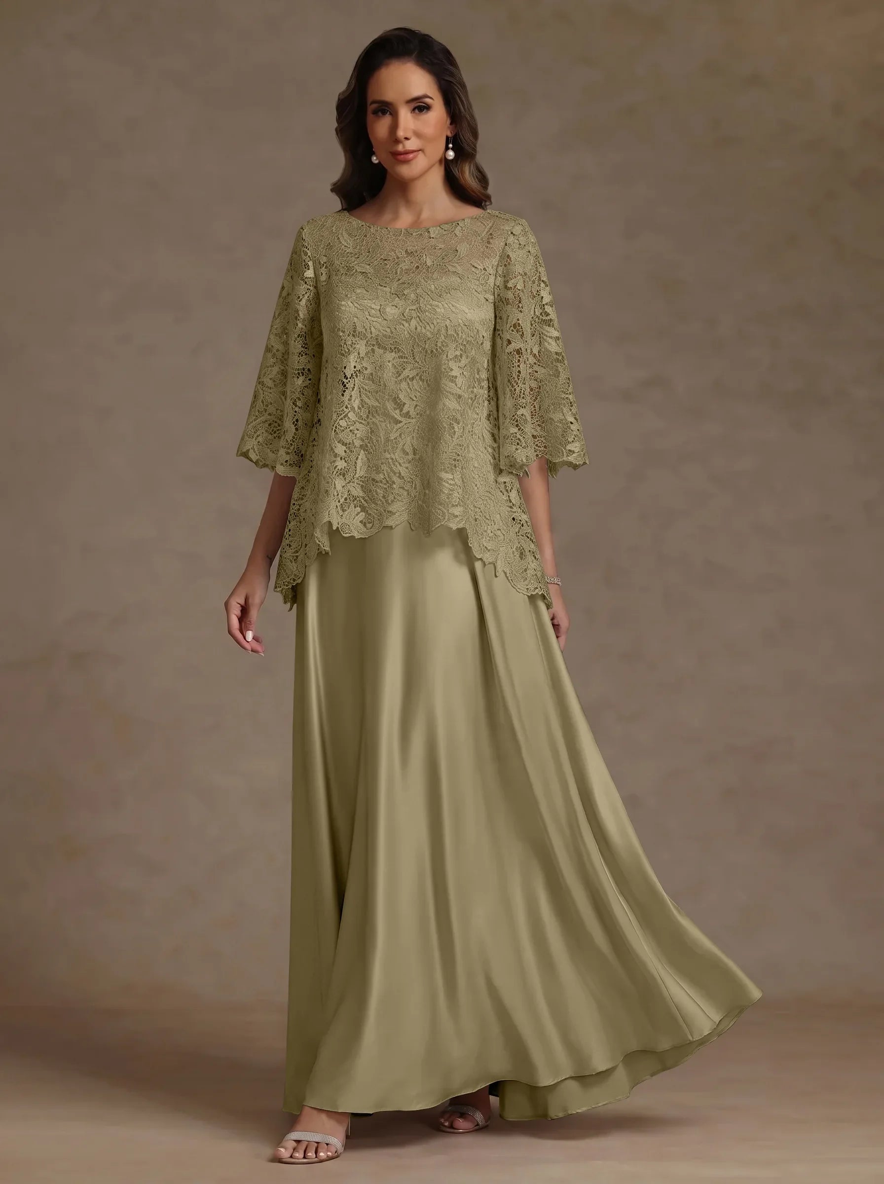 2 Pieces A-Line/Princess Silk Satin Scoop Mother ofthe Bride Dresses  Lace Floor Length Short Sleeves