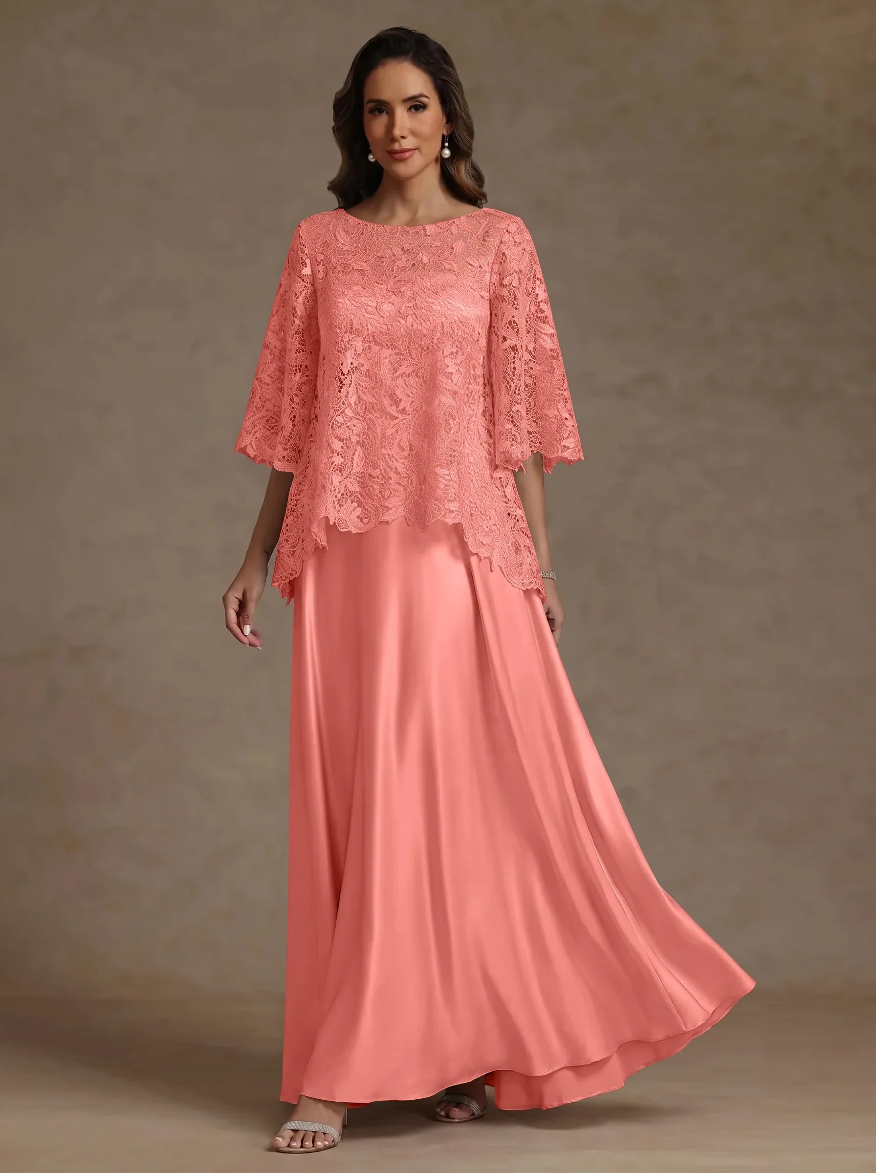 2 Pieces A-Line/Princess Silk Satin Scoop Mother ofthe Bride Dresses  Lace Floor Length Short Sleeves