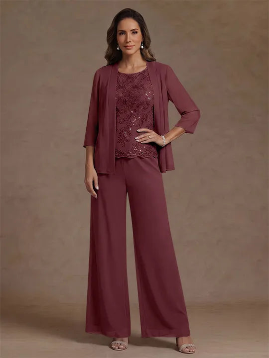 3 Pieces Suit Chiffon Mother of the Bride Pantsuits with Jacket Scoop 3/4 Sleeves Ankle Length Lace Sequins