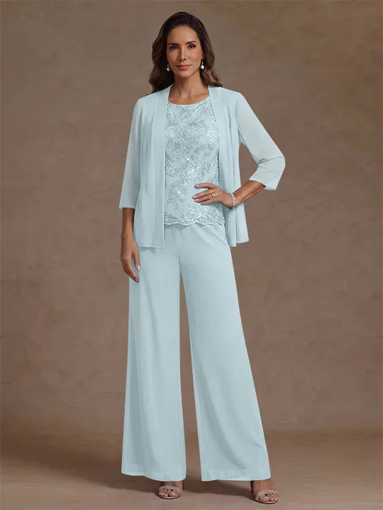 3 Pieces Suit Chiffon Mother of the Bride Pantsuits with Jacket Scoop 3/4 Sleeves Ankle Length Lace Sequins