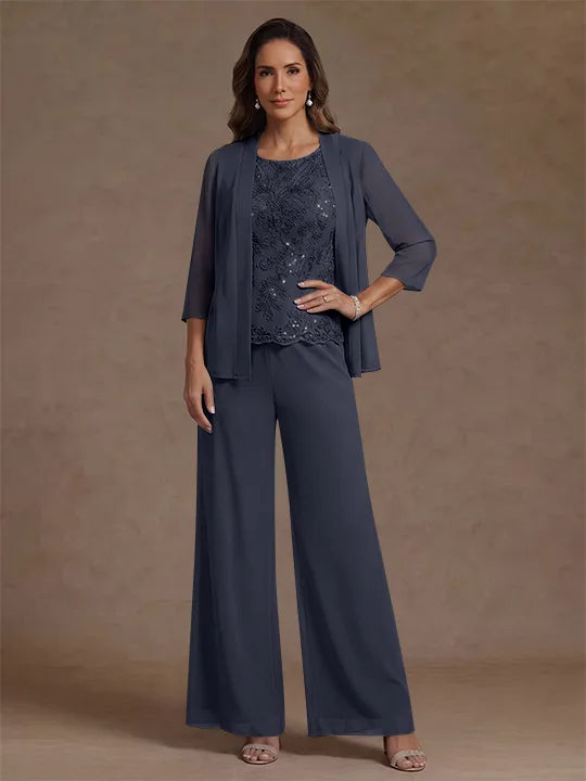 3 Pieces Suit Chiffon Mother of the Bride Pantsuits with Jacket Scoop 3/4 Sleeves Ankle Length Lace Sequins