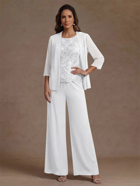 3 Pieces Suit Chiffon Mother of the Bride Pantsuits with Jacket Scoop 3/4 Sleeves Ankle Length Lace Sequins