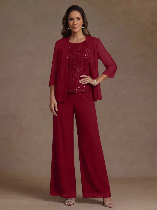 3 Pieces Suit Chiffon Mother of the Bride Pantsuits with Jacket Scoop 3/4 Sleeves Ankle Length Lace Sequins