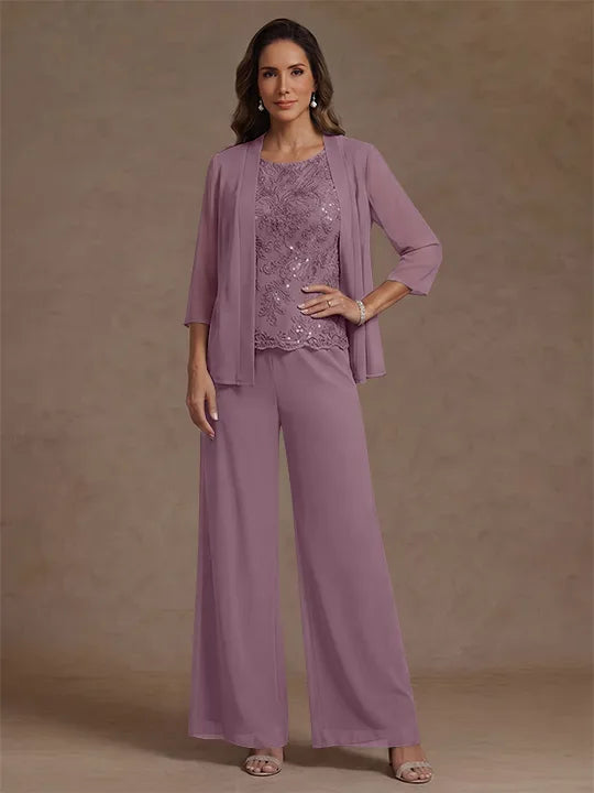 3 Pieces Suit Chiffon Mother of the Bride Pantsuits with Jacket Scoop 3/4 Sleeves Ankle Length Lace Sequins