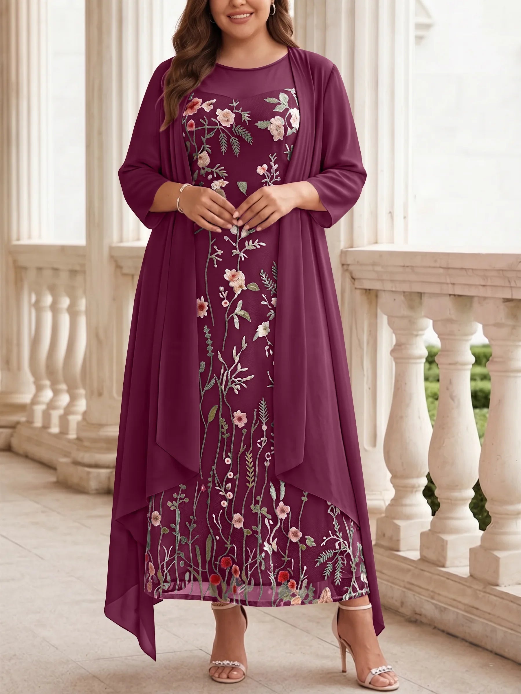 2 Pieces A-Line/Princess Scoop Chiffon Plus Size Mother of the Bride Dresses with Jacket Long Sleeves Ankle-Length Lace Floral