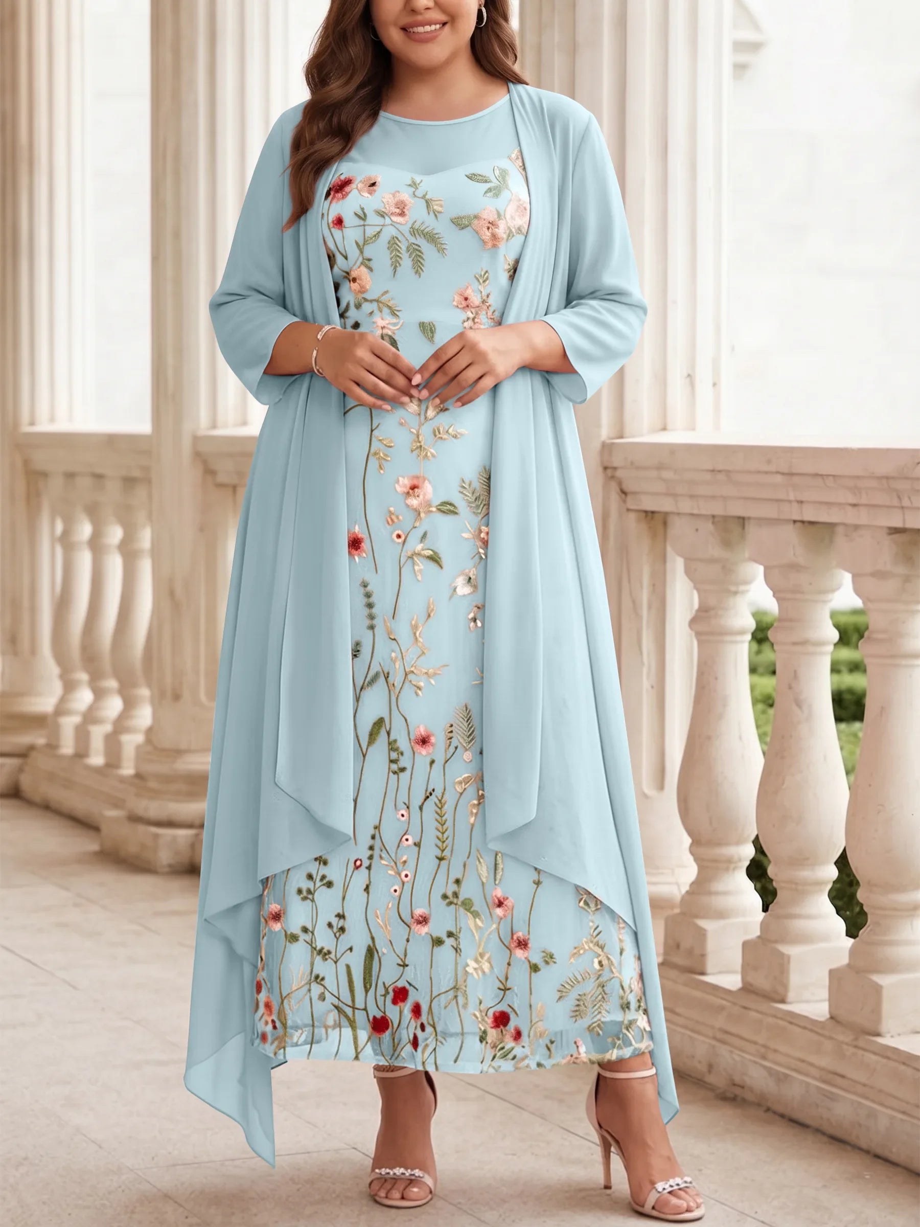 2 Pieces A-Line/Princess Scoop Chiffon Plus Size Mother of the Bride Dresses with Jacket Long Sleeves Ankle-Length Lace Floral