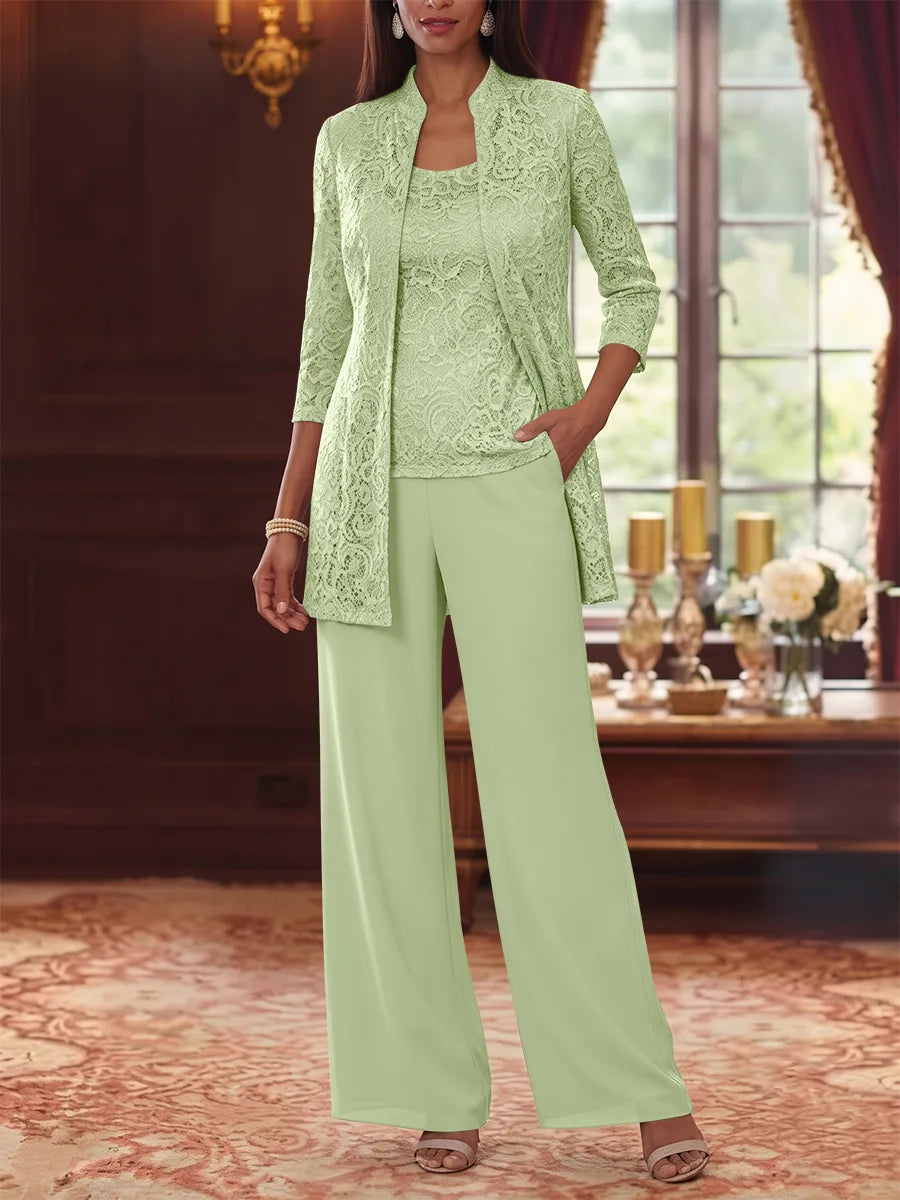 3 Pieces Suit Scoop Chiffon Mother of the Bride Pantsuits with Jacket 3/4 Sleeves Lace Ankle-Length