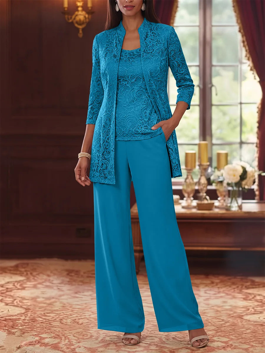 3 Pieces Suit Scoop Chiffon Mother of the Bride Pantsuits with Jacket 3/4 Sleeves Lace Ankle-Length