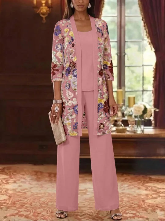 3 Pieces Chiffon Scoop  Mother of the Bride Pantsuits with Jacket Ankle-Length 3/4 Sleeves Lace Floral