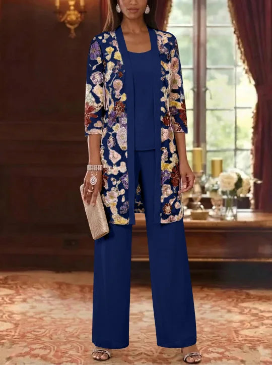 3 Pieces Chiffon Scoop  Mother of the Bride Pantsuits with Jacket Ankle-Length 3/4 Sleeves Lace Floral
