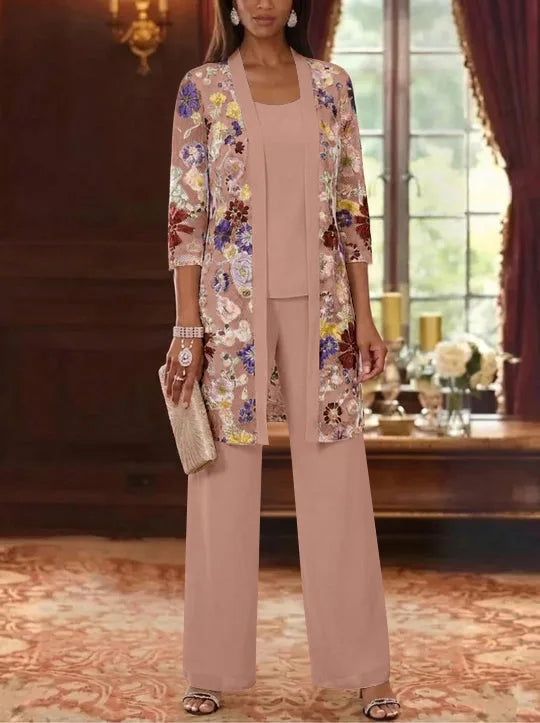 3 Pieces Chiffon Scoop  Mother of the Bride Pantsuits with Jacket Ankle-Length 3/4 Sleeves Lace Floral