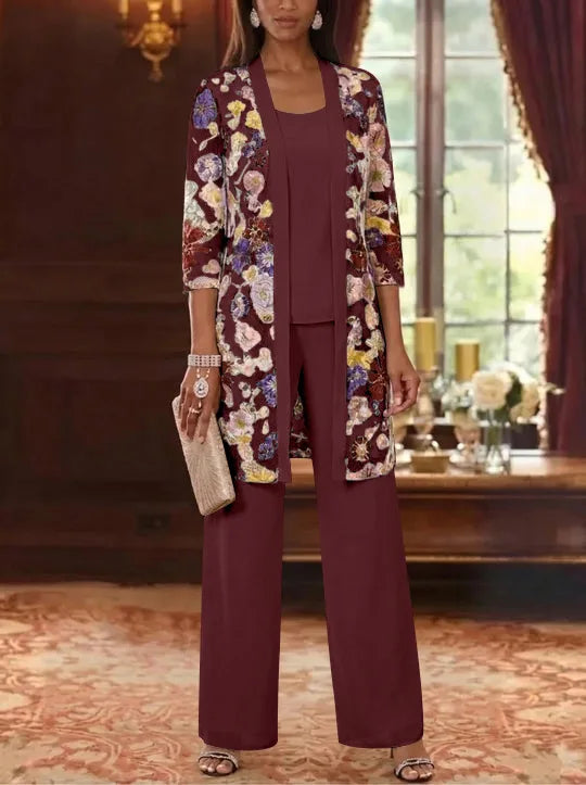 3 Pieces Chiffon Scoop  Mother of the Bride Pantsuits with Jacket Ankle-Length 3/4 Sleeves Lace Floral