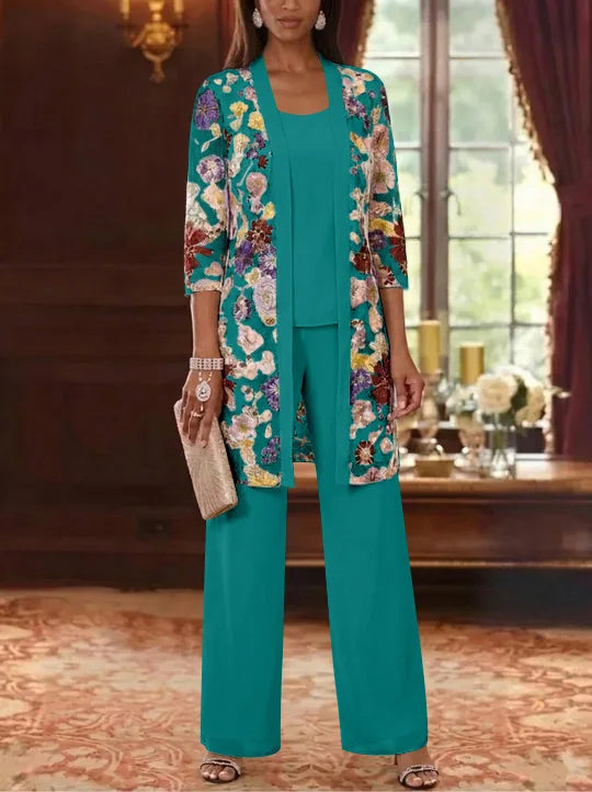 3 Pieces Chiffon Scoop  Mother of the Bride Pantsuits with Jacket Ankle-Length 3/4 Sleeves Lace Floral