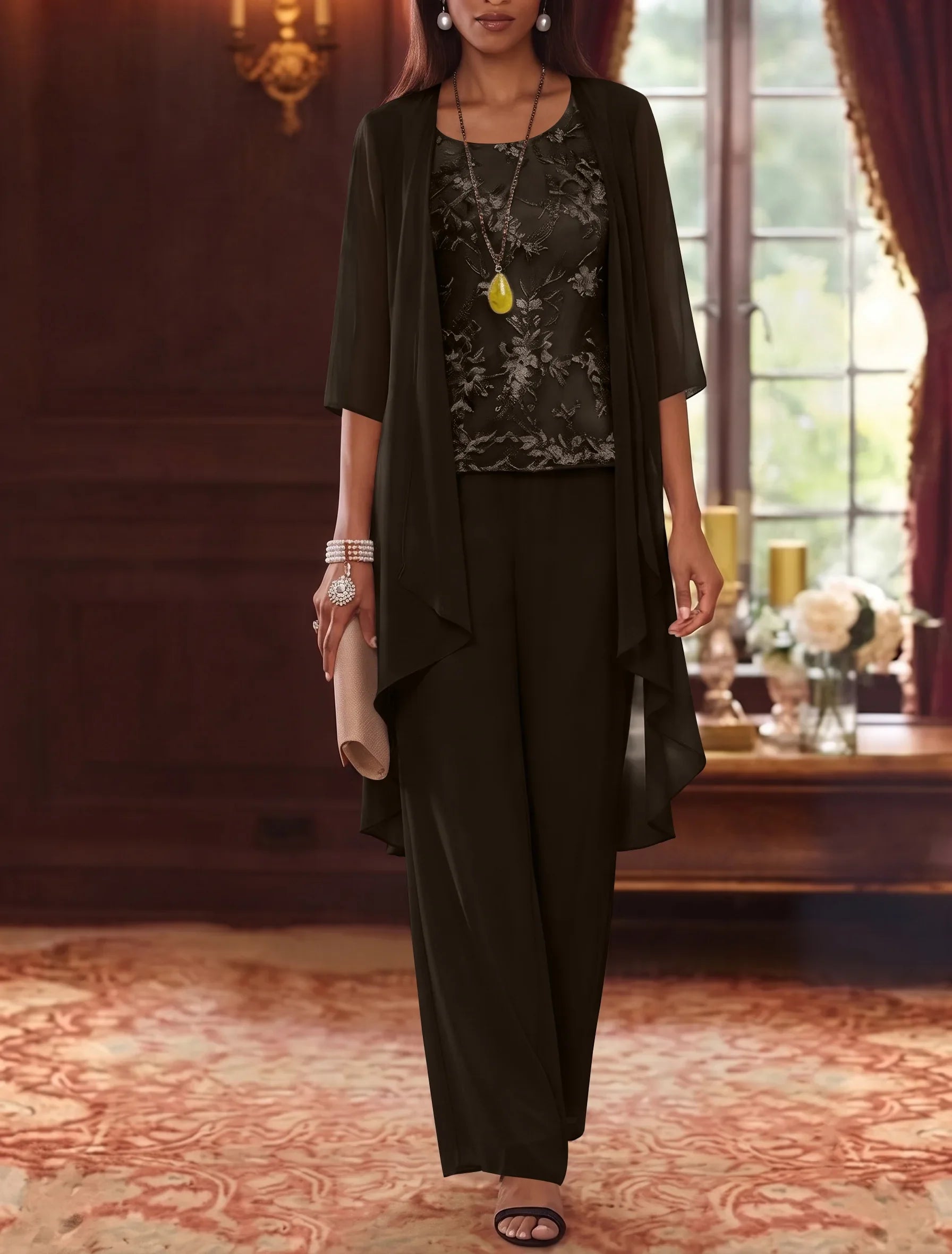 3 Pieces Scoop Chiffon Mother of the Bride Pantsuits with Jacket 3/4 Sleeves Ankle-Length Lace Floral