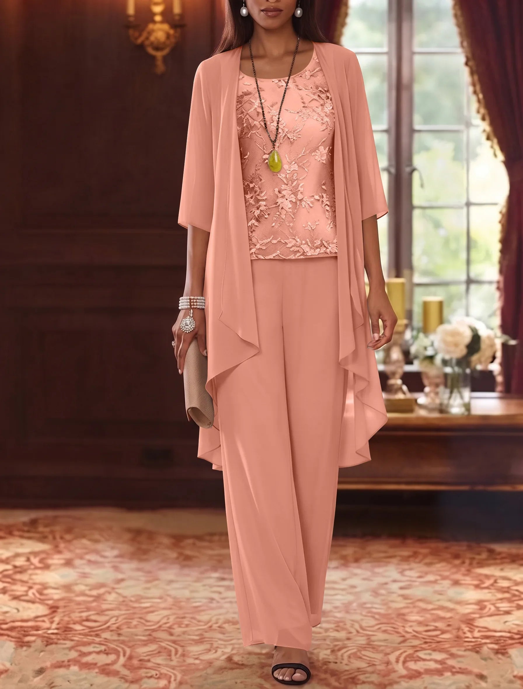 3 Pieces Scoop Chiffon Mother of the Bride Pantsuits with Jacket 3/4 Sleeves Ankle-Length Lace Floral