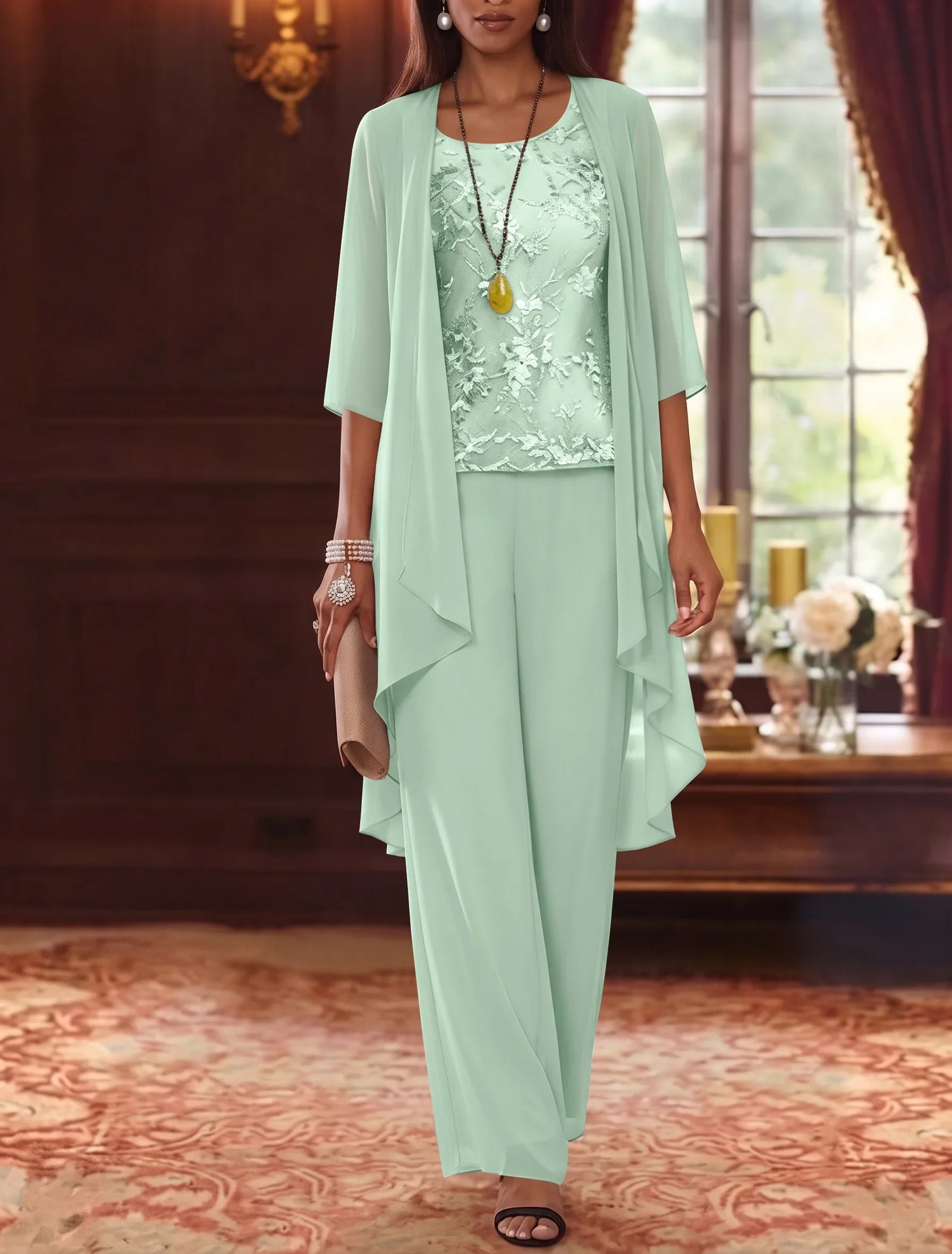 3 Pieces Scoop Chiffon Mother of the Bride Pantsuits with Jacket 3/4 Sleeves Ankle-Length Lace Floral