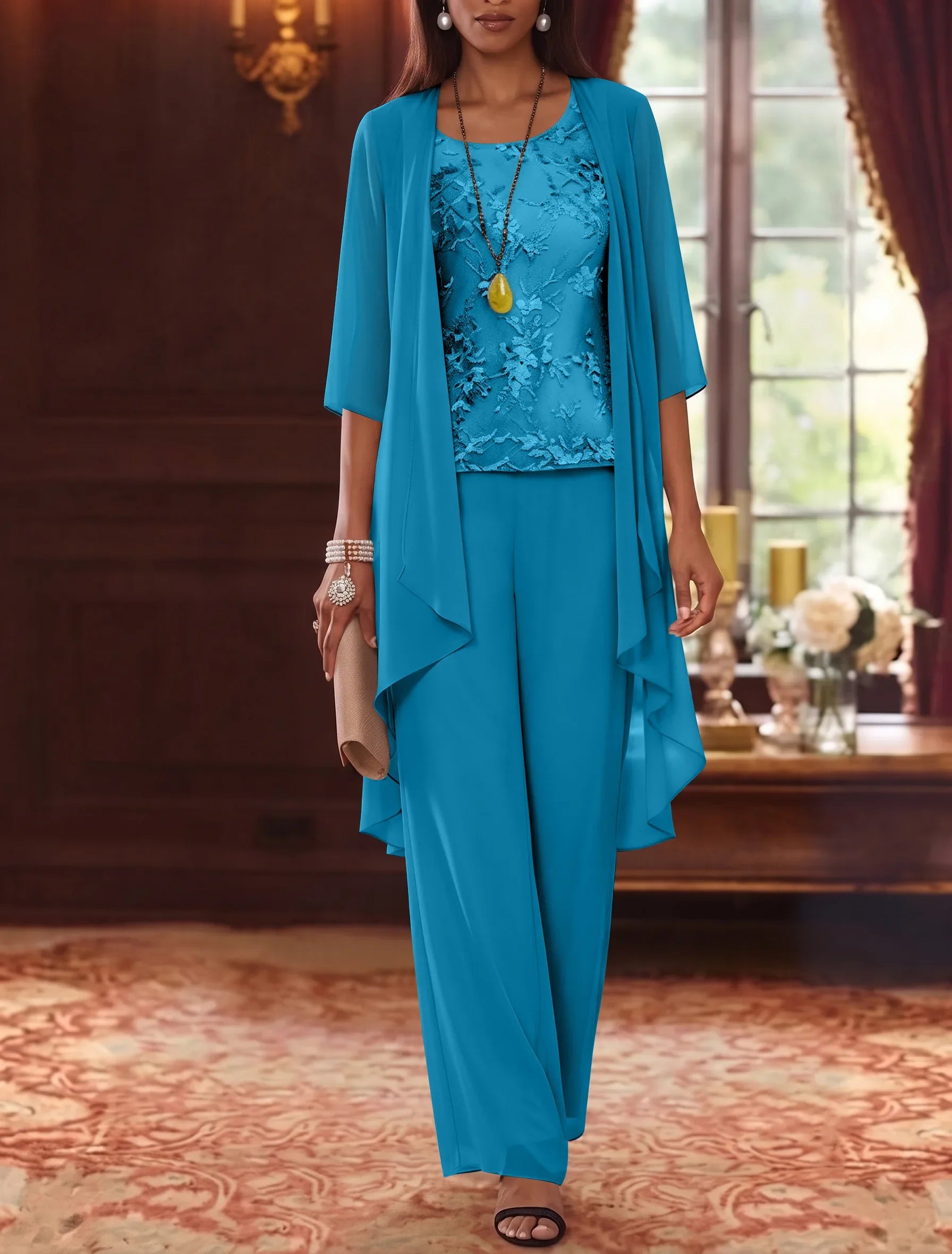 3 Pieces Scoop Chiffon Mother of the Bride Pantsuits with Jacket 3/4 Sleeves Ankle-Length Lace Floral