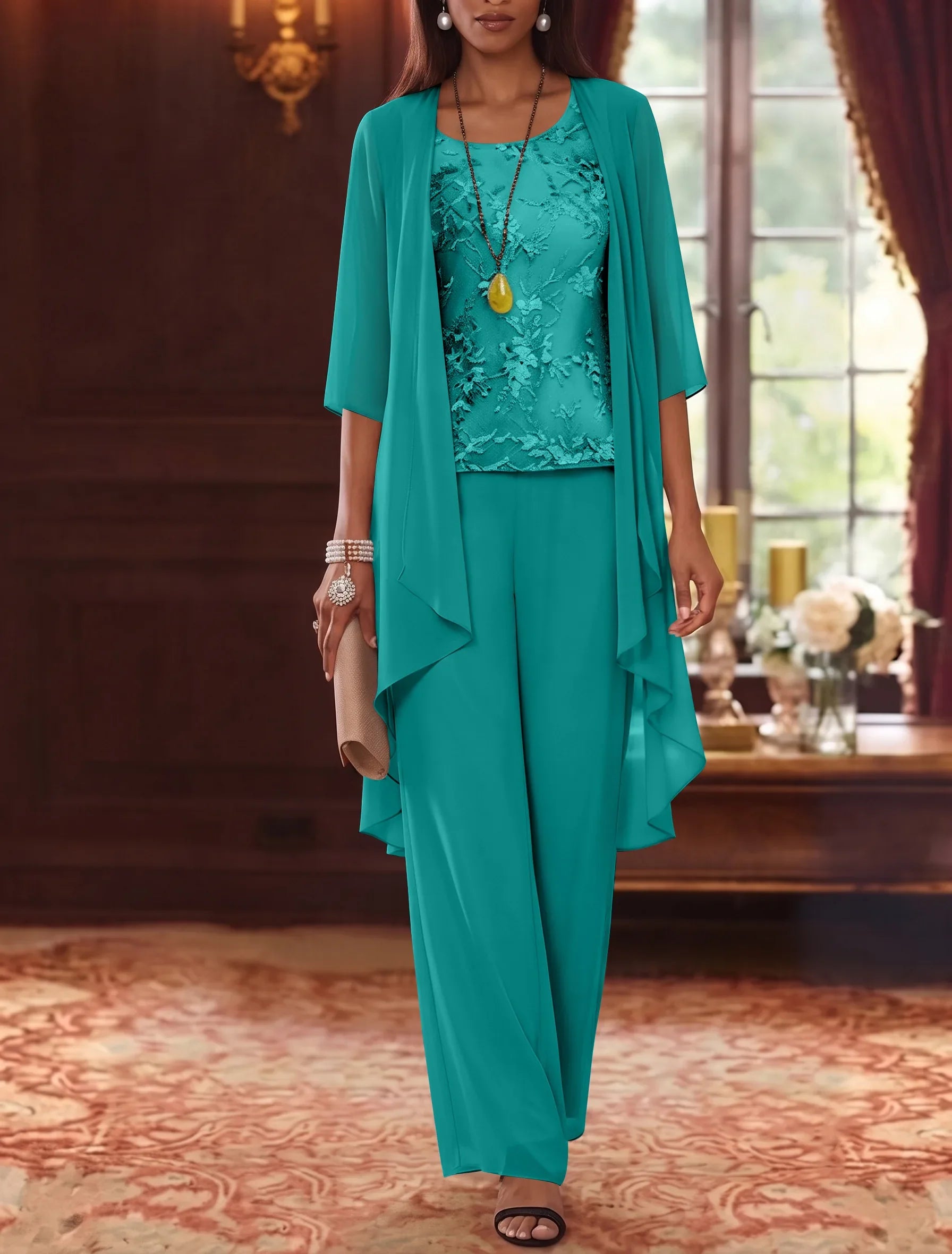 3 Pieces Scoop Chiffon Mother of the Bride Pantsuits with Jacket 3/4 Sleeves Ankle-Length Lace Floral