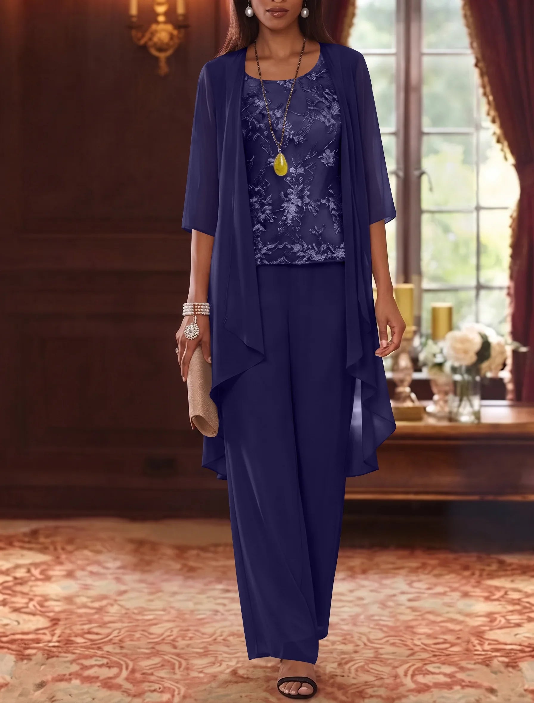 3 Pieces Scoop Chiffon Mother of the Bride Pantsuits with Jacket 3/4 Sleeves Ankle-Length Lace Floral