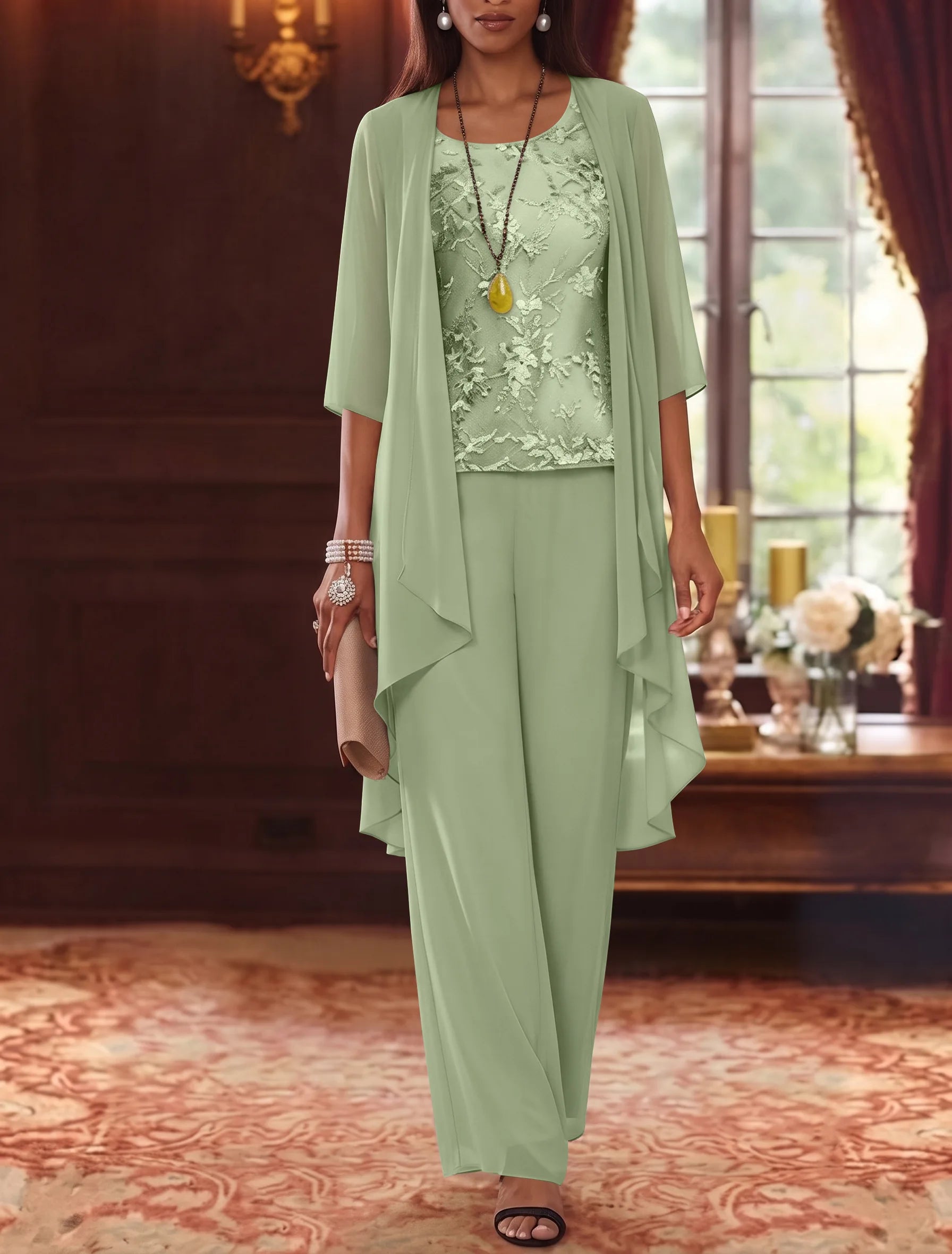 3 Pieces Scoop Chiffon Mother of the Bride Pantsuits with Jacket 3/4 Sleeves Ankle-Length Lace Floral