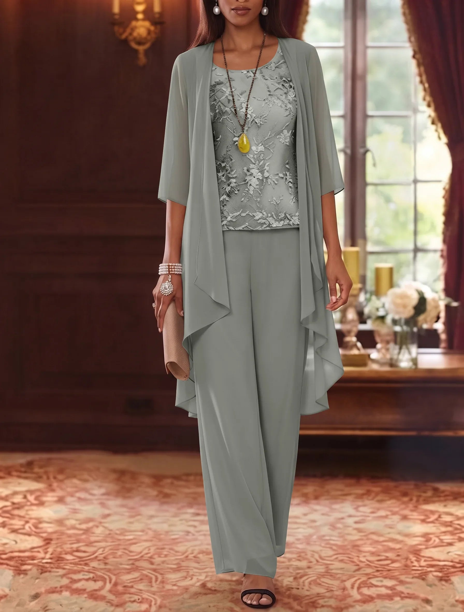 3 Pieces Scoop Chiffon Mother of the Bride Pantsuits with Jacket 3/4 Sleeves Ankle-Length Lace Floral