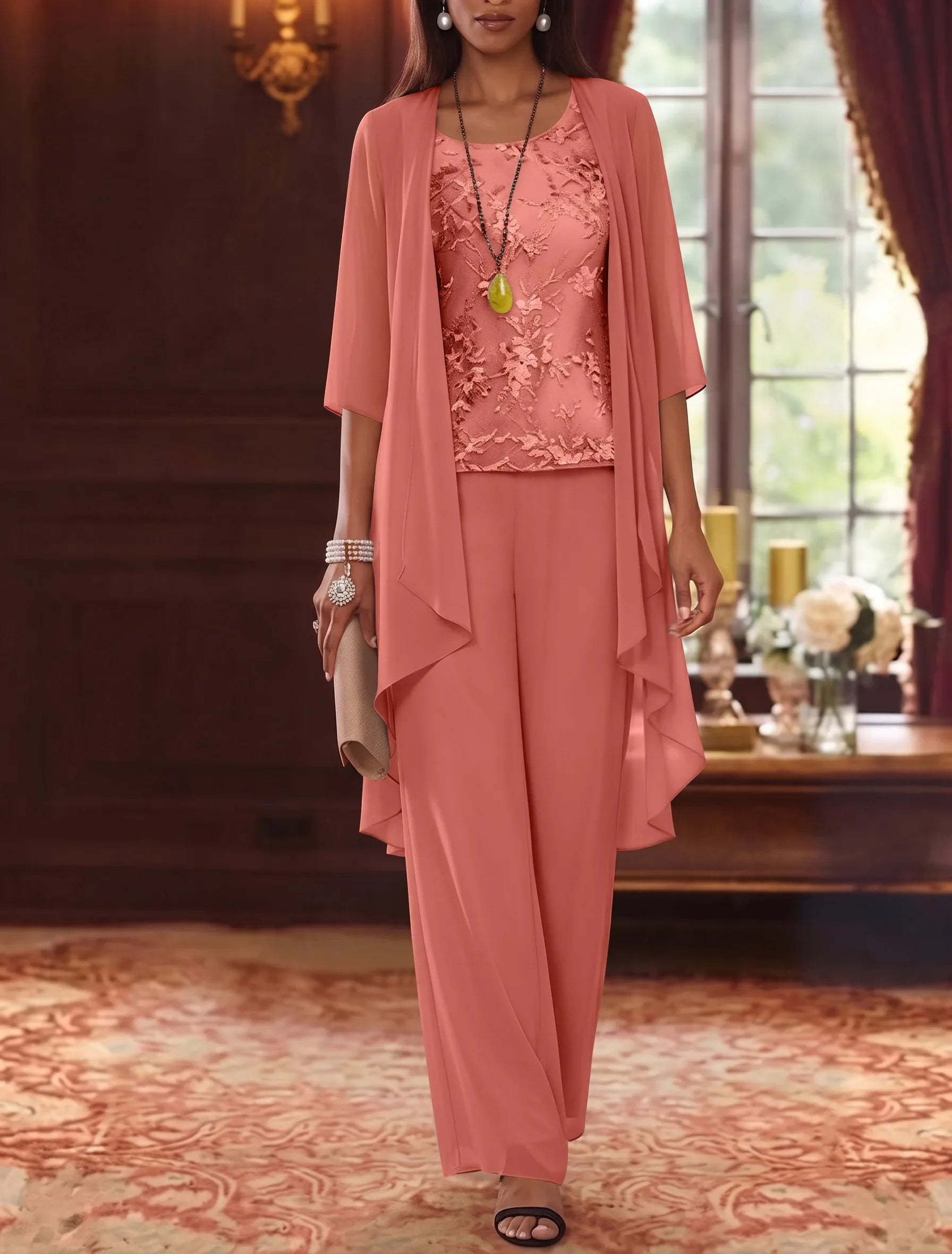 3 Pieces Scoop Chiffon Mother of the Bride Pantsuits with Jacket 3/4 Sleeves Ankle-Length Lace Floral