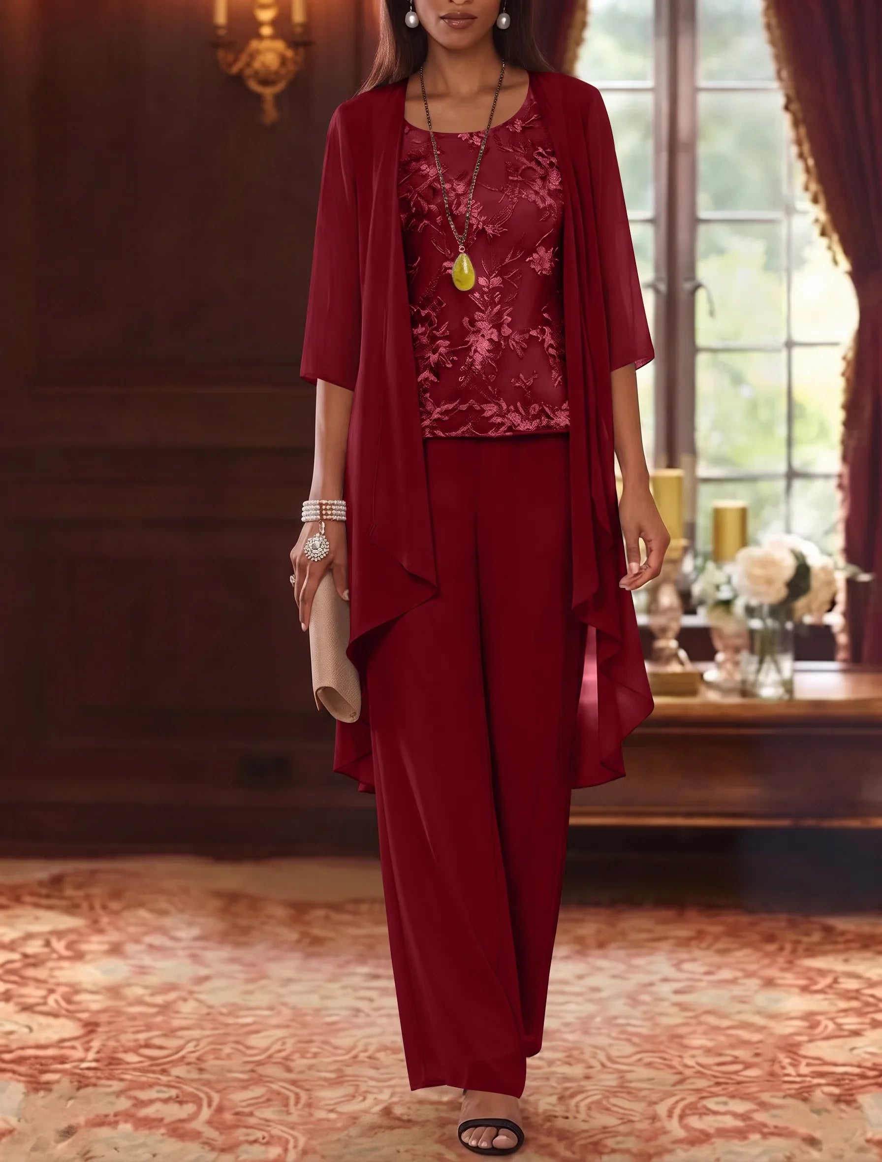 3 Pieces Scoop Chiffon Mother of the Bride Pantsuits with Jacket 3/4 Sleeves Ankle-Length Lace Floral