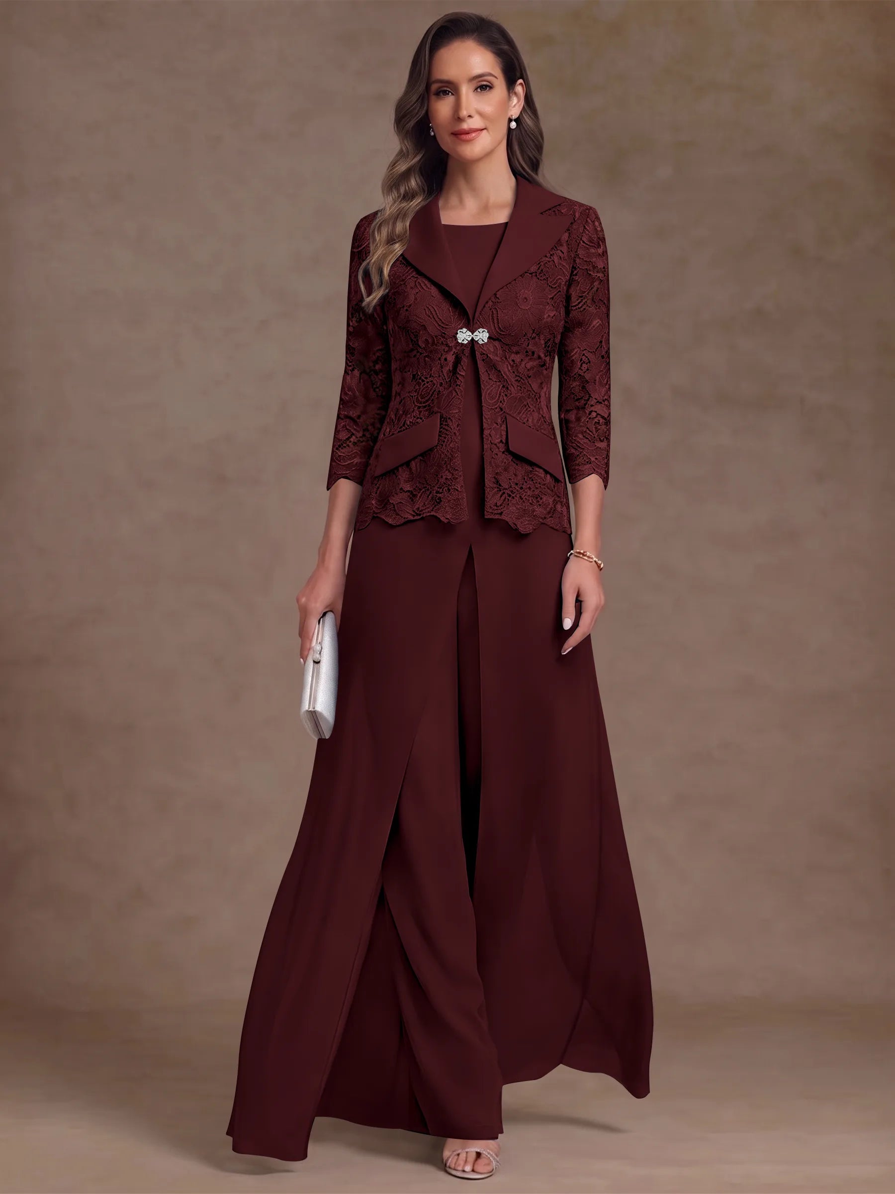 3 Pieces Suit Scoop Chiffon Mother of the Bride Pantsuits with Jacket Overskirt Lace Ankle-Length 3/4 Sleeves