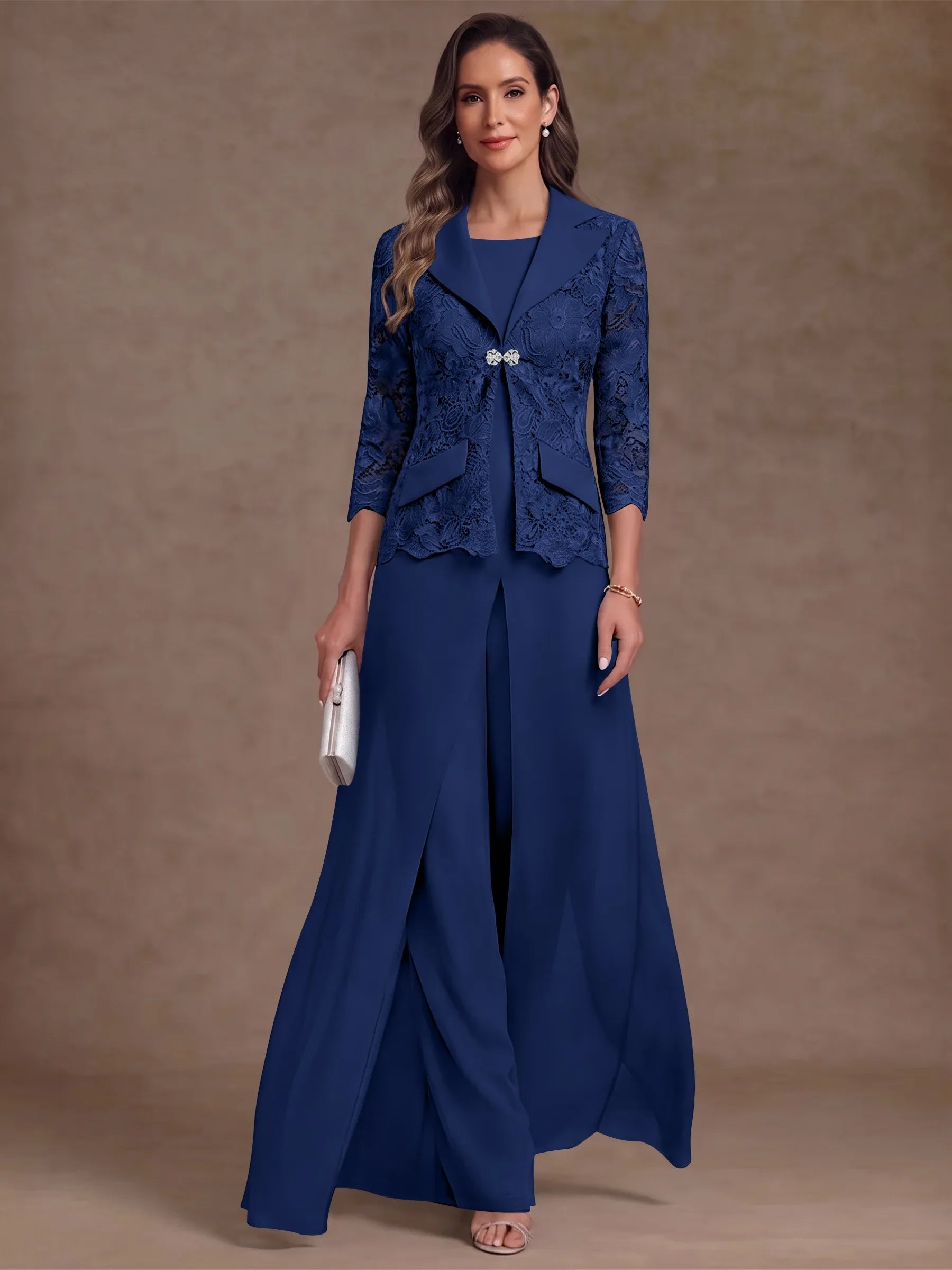 3 Pieces Suit Scoop Chiffon Mother of the Bride Pantsuits with Jacket Overskirt Lace Ankle-Length 3/4 Sleeves