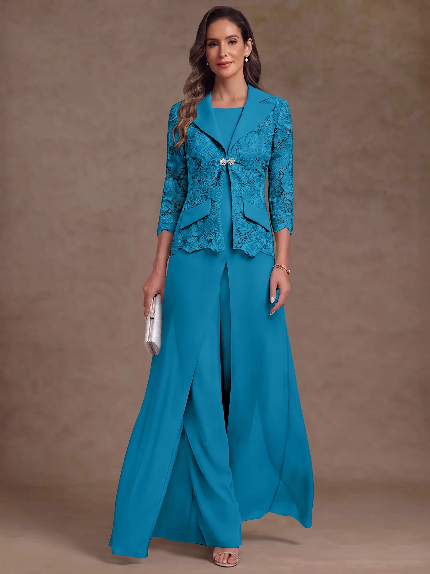 3 Pieces Suit Scoop Chiffon Mother of the Bride Pantsuits with Jacket Overskirt Lace Ankle-Length 3/4 Sleeves