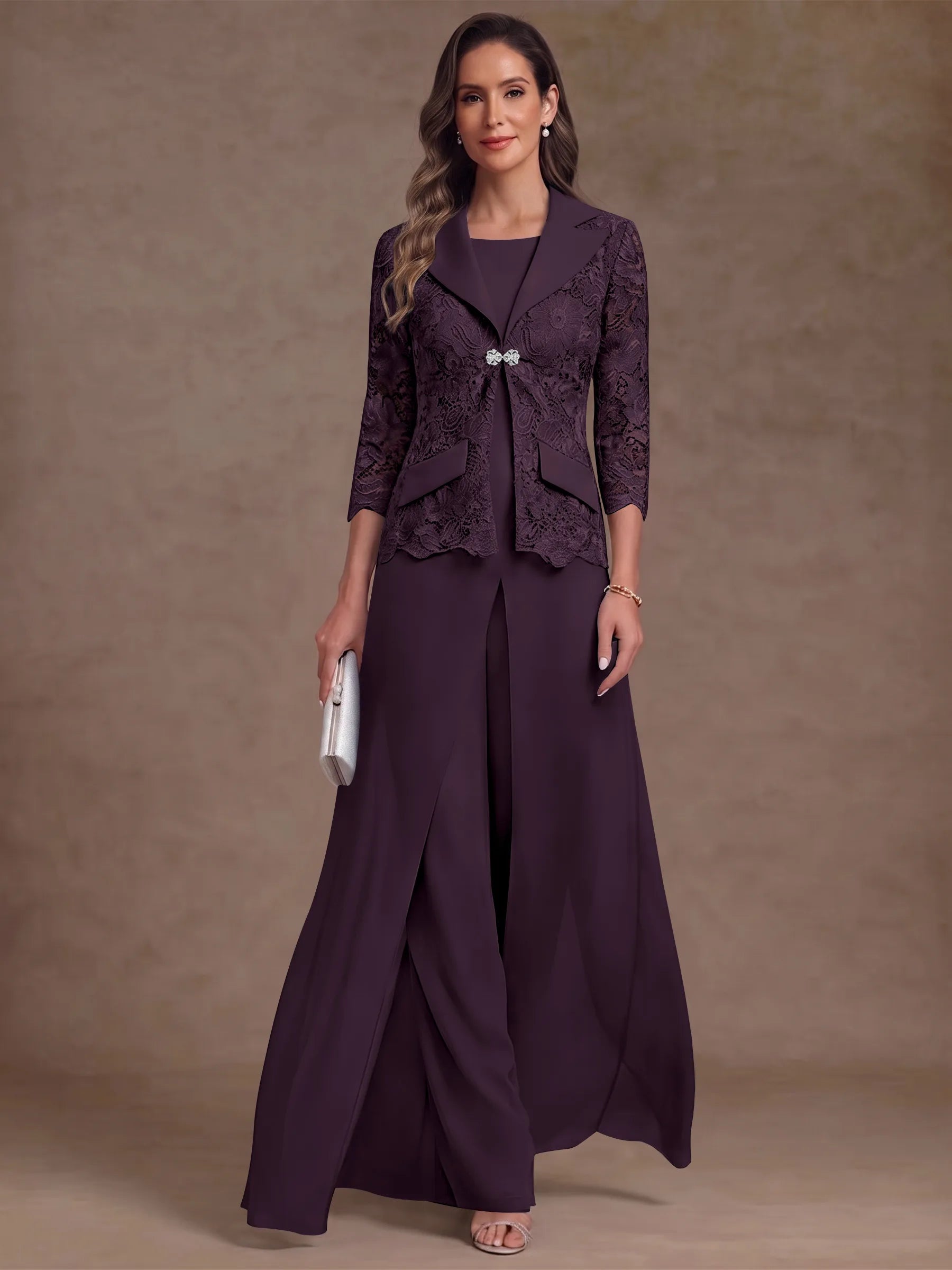 3 Pieces Suit Scoop Chiffon Mother of the Bride Pantsuits with Jacket Overskirt Lace Ankle-Length 3/4 Sleeves