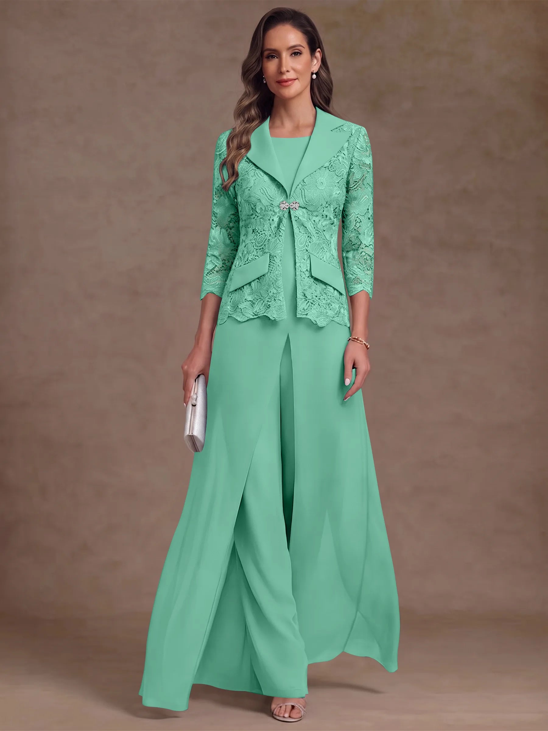 3 Pieces Suit Scoop Chiffon Mother of the Bride Pantsuits with Jacket Overskirt Lace Ankle-Length 3/4 Sleeves