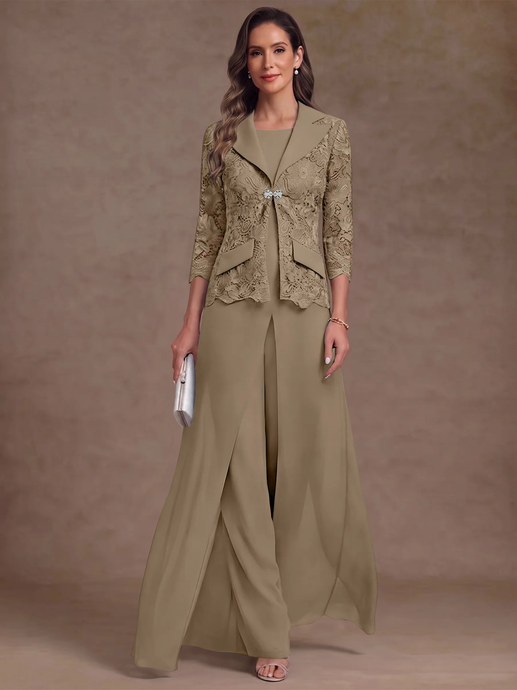 3 Pieces Suit Scoop Chiffon Mother of the Bride Pantsuits with Jacket Overskirt Lace Ankle-Length 3/4 Sleeves