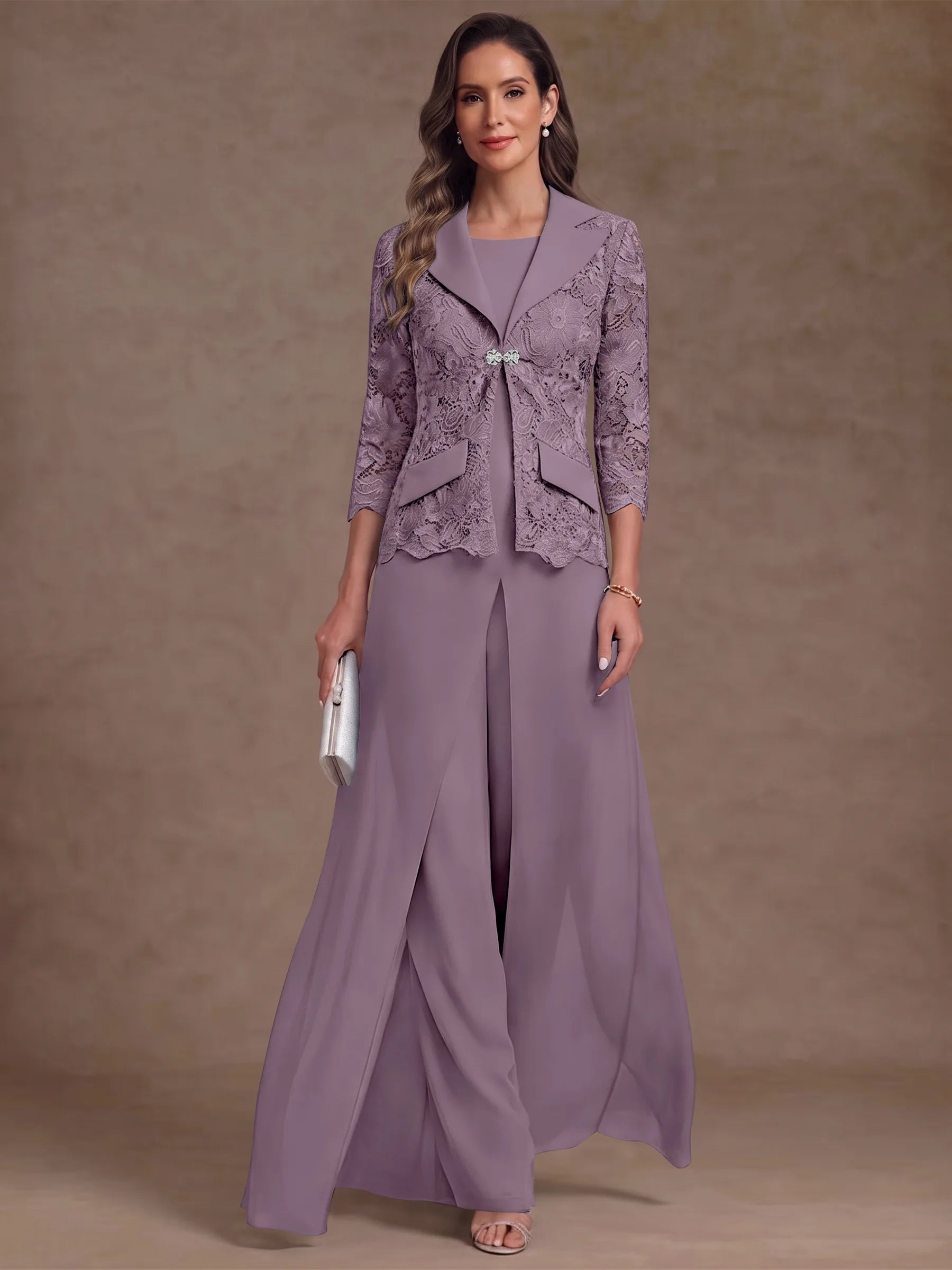 3 Pieces Suit Scoop Chiffon Mother of the Bride Pantsuits with Jacket Overskirt Lace Ankle-Length 3/4 Sleeves