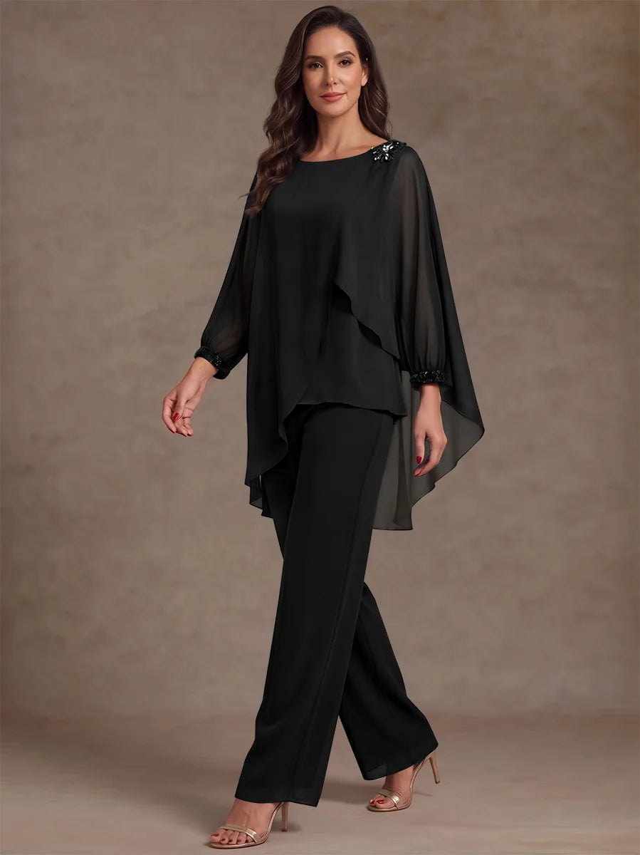 2 Pieces Suit Scoop Chiffon Mother of the Bride Pantsuits Ankle-Length Long Sleeves Ruffles