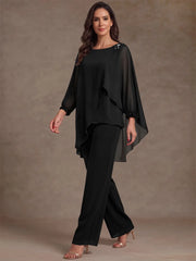 2 Pieces Suit Scoop Chiffon Mother of the Bride Pantsuits Ankle-Length Long Sleeves Ruffles