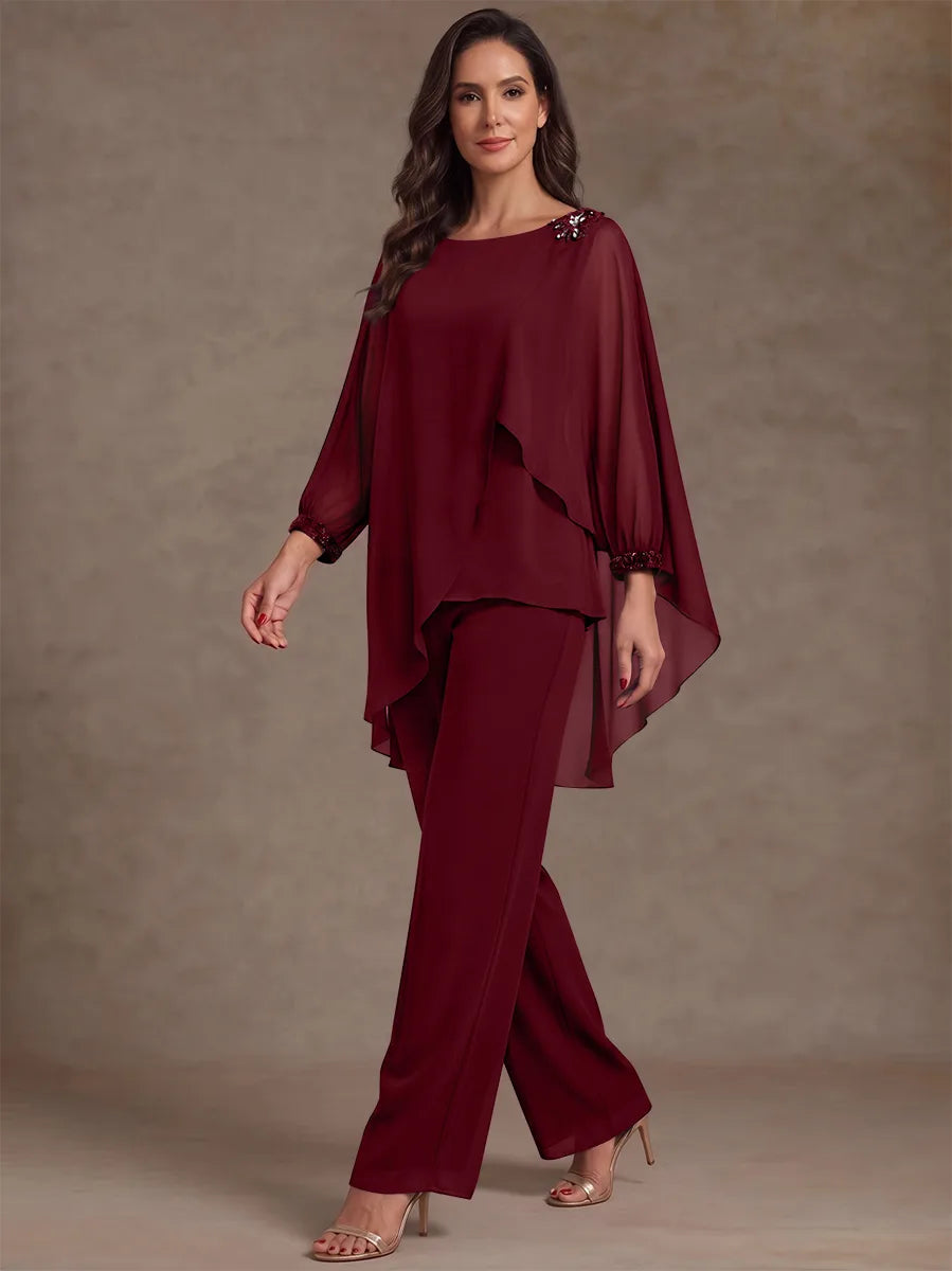 2 Pieces Suit Scoop Chiffon Mother of the Bride Pantsuits Ankle-Length Long Sleeves Ruffles