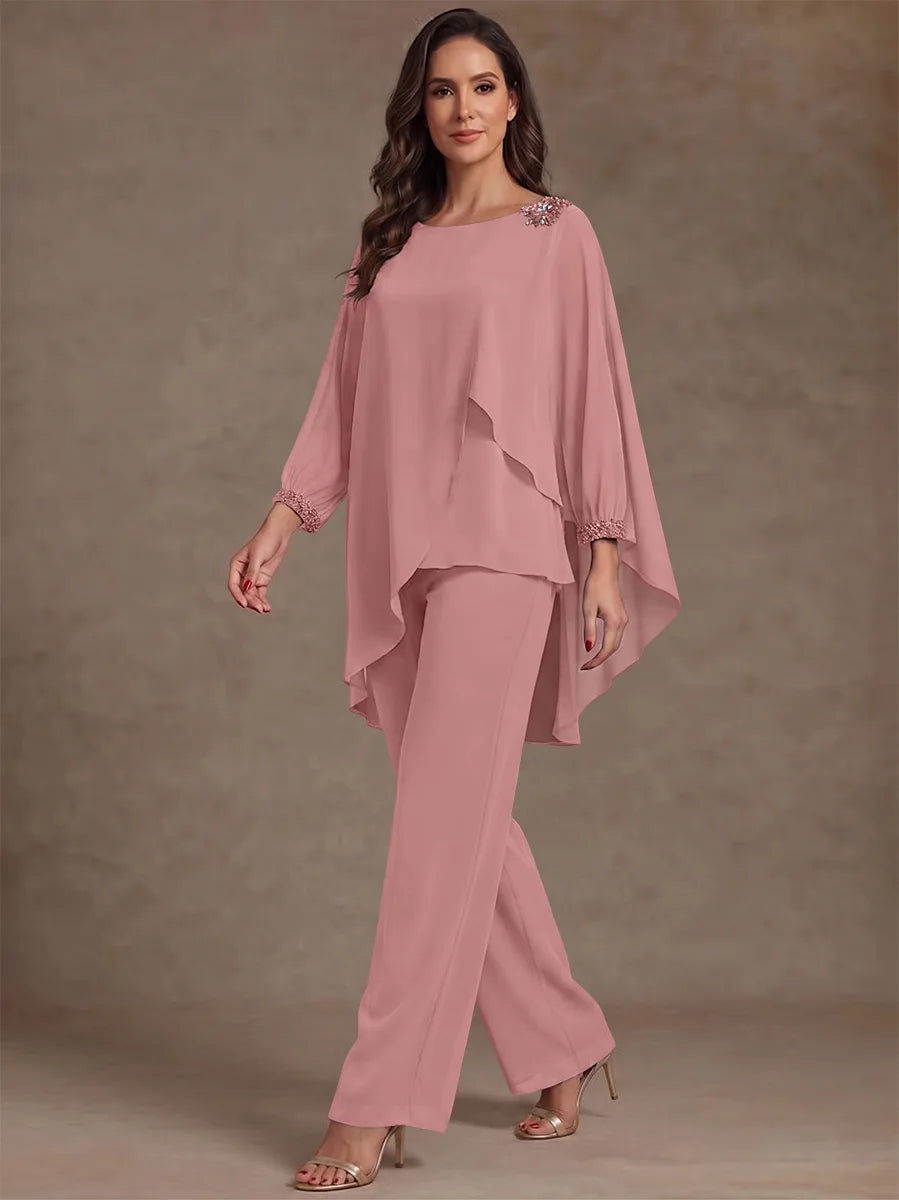 2 Pieces Suit Scoop Chiffon Mother of the Bride Pantsuits Ankle-Length Long Sleeves Ruffles