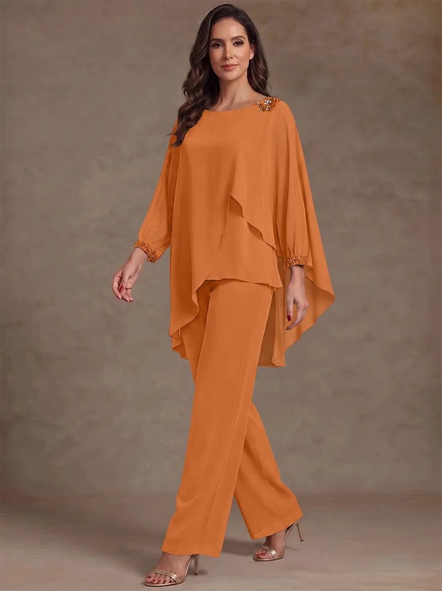 2 Pieces Suit Scoop Chiffon Mother of the Bride Pantsuits Ankle-Length Long Sleeves Ruffles