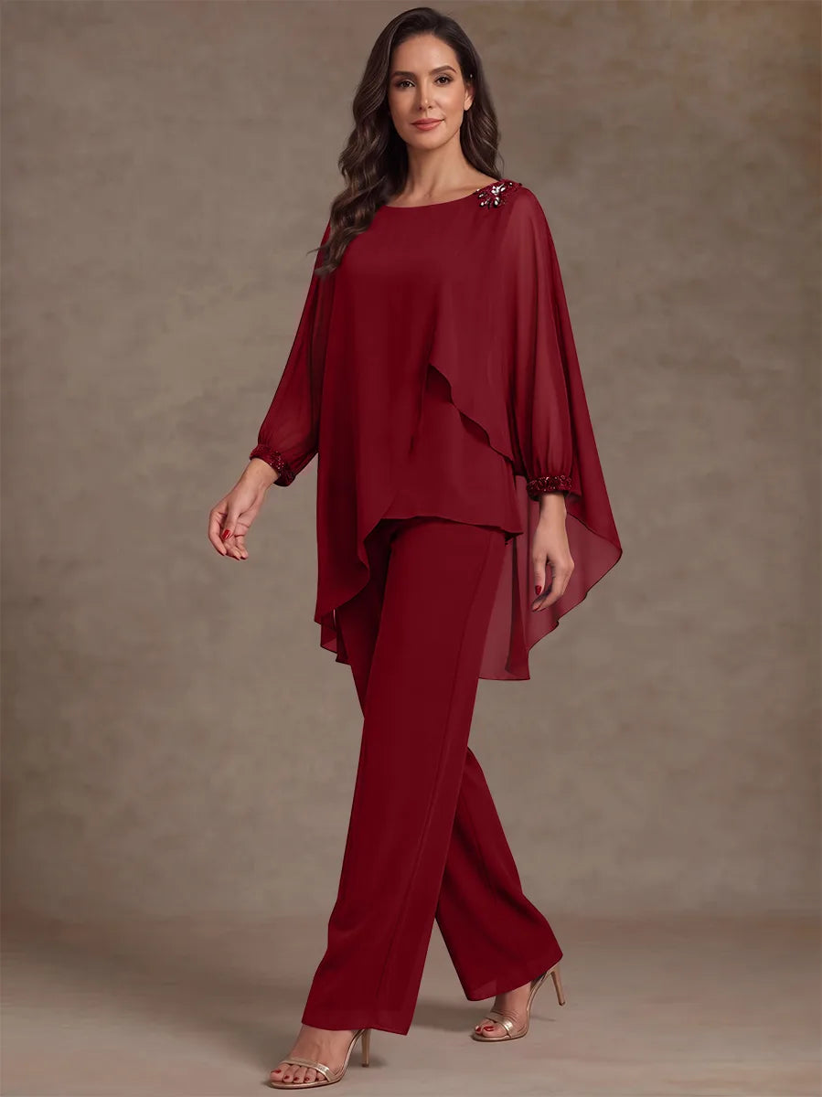 2 Pieces Suit Scoop Chiffon Mother of the Bride Pantsuits Ankle-Length Long Sleeves Ruffles