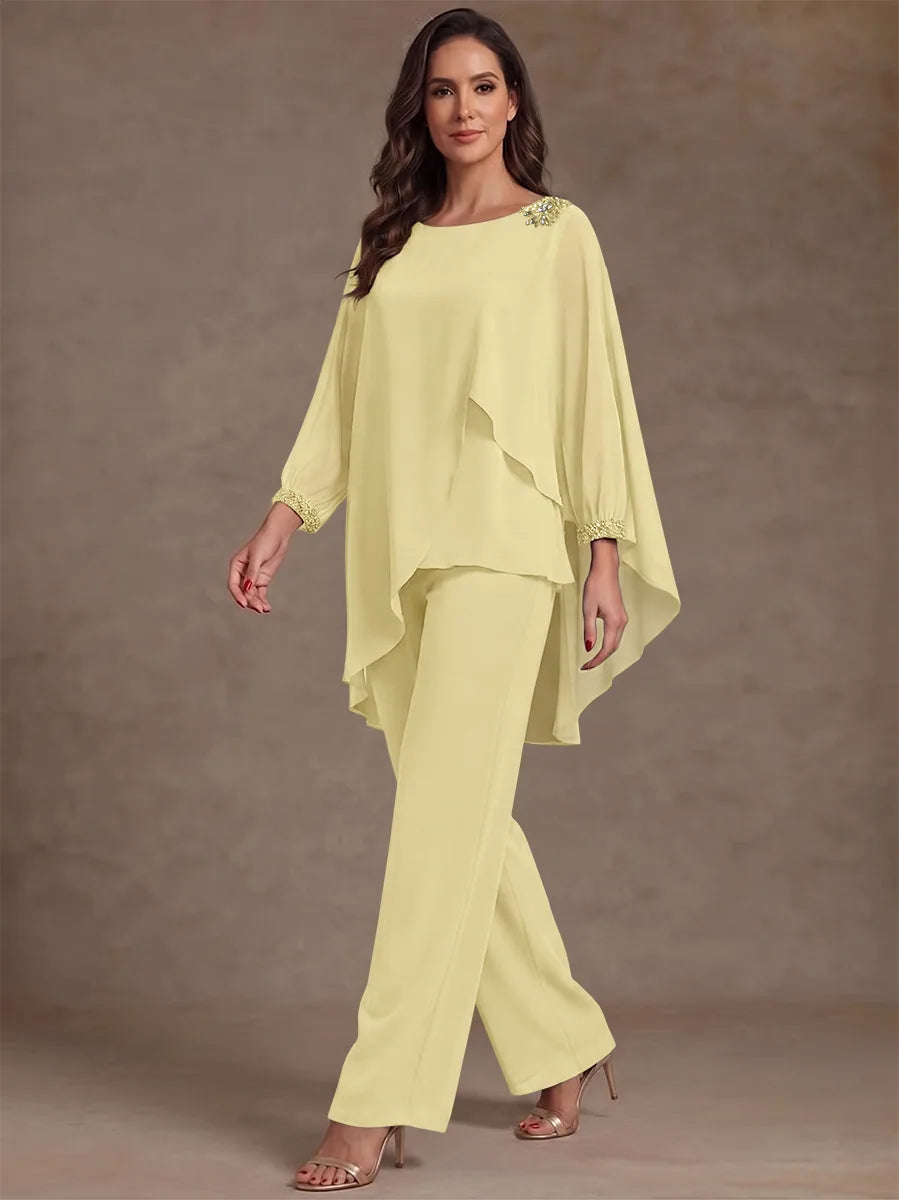 2 Pieces Suit Scoop Chiffon Mother of the Bride Pantsuits Ankle-Length Long Sleeves Ruffles