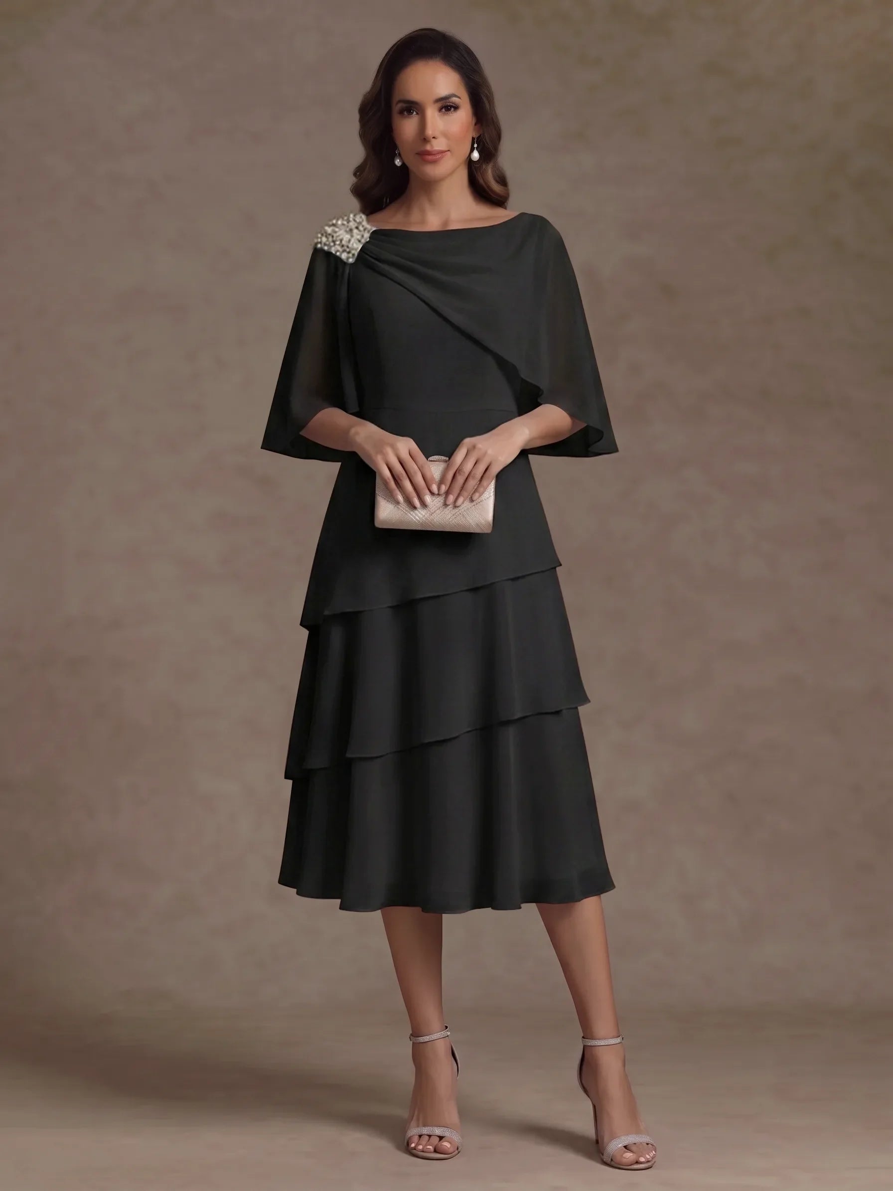 A-Line/Princess Boat Neck Chiffon Mother of the Bride Dresses Tea-Length Cape Sleeves Ruffles