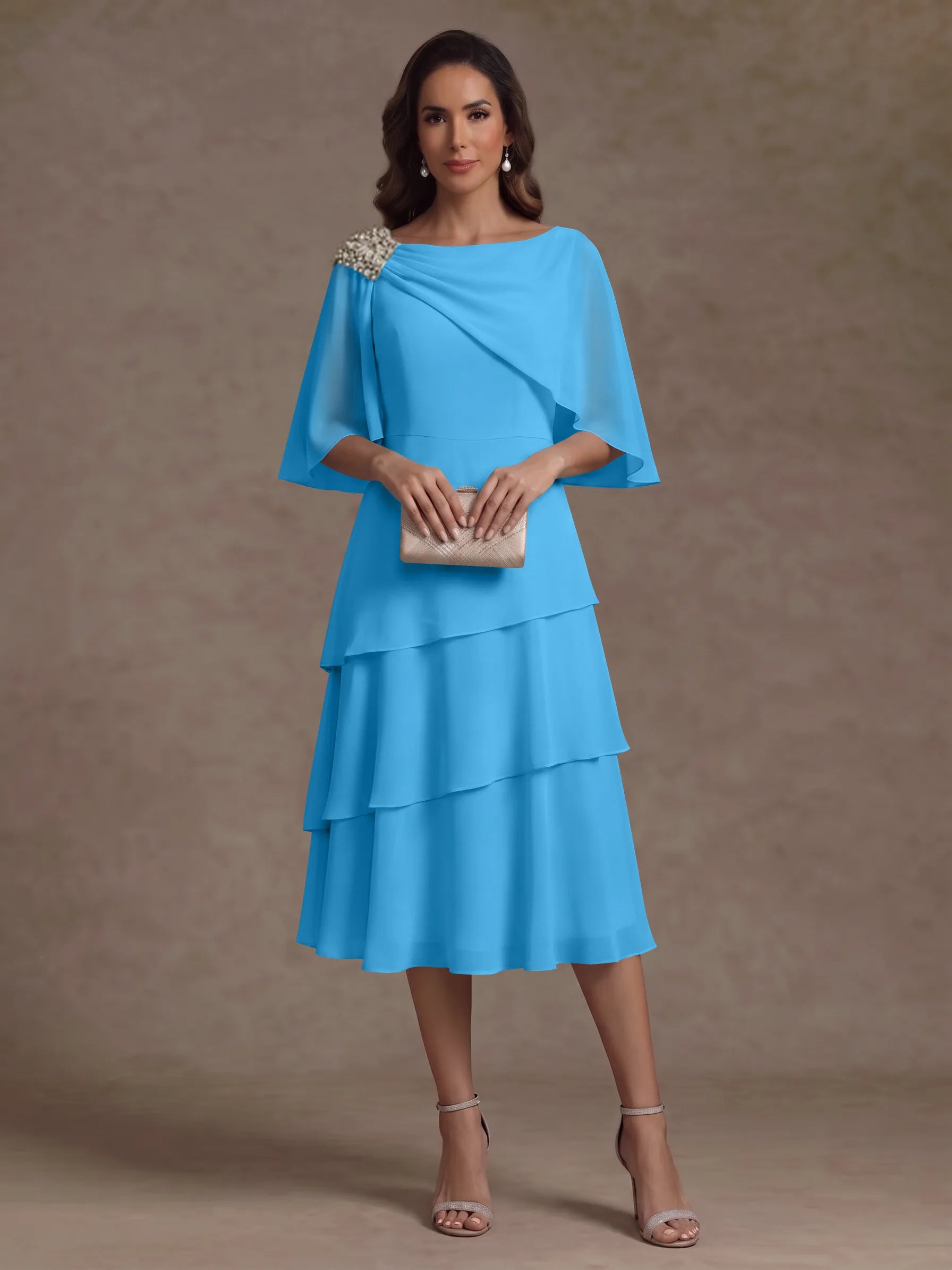 A-Line/Princess Boat Neck Chiffon Mother of the Bride Dresses Tea-Length Cape Sleeves Ruffles