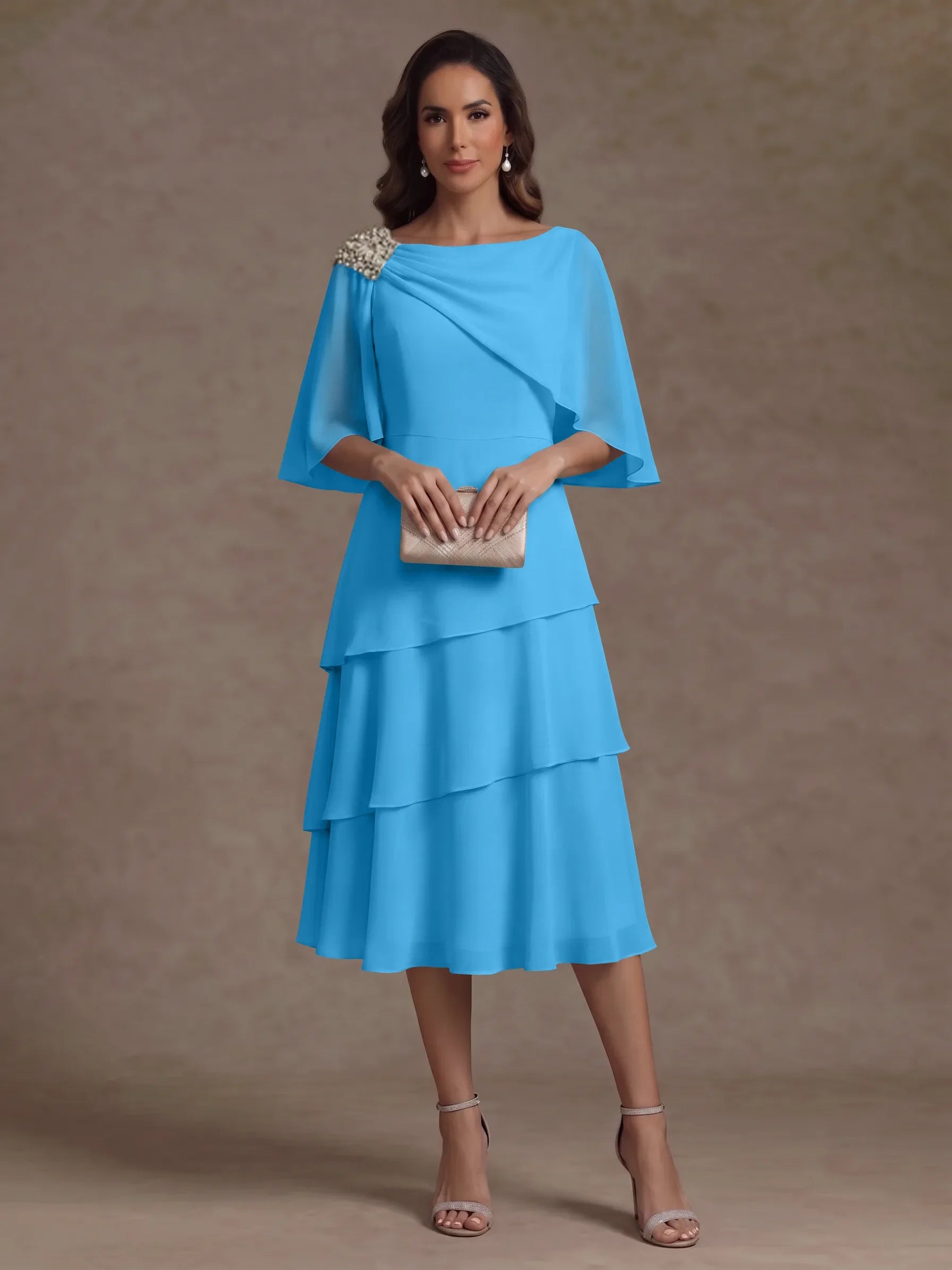 A-Line/Princess Boat Neck Chiffon Mother of the Bride Dresses Tea-Length Cape Sleeves Ruffles