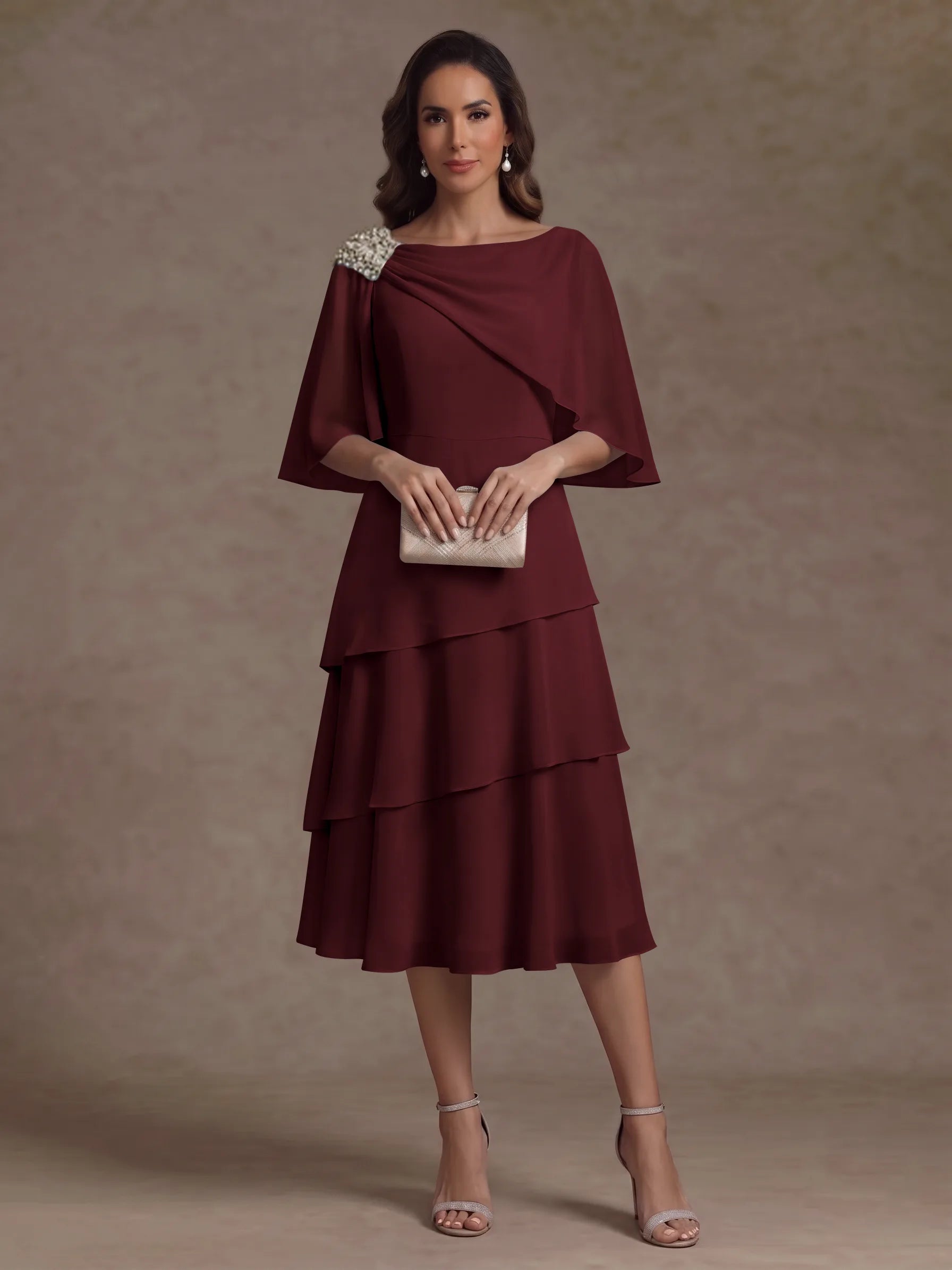 A-Line/Princess Boat Neck Chiffon Mother of the Bride Dresses Tea-Length Cape Sleeves Ruffles