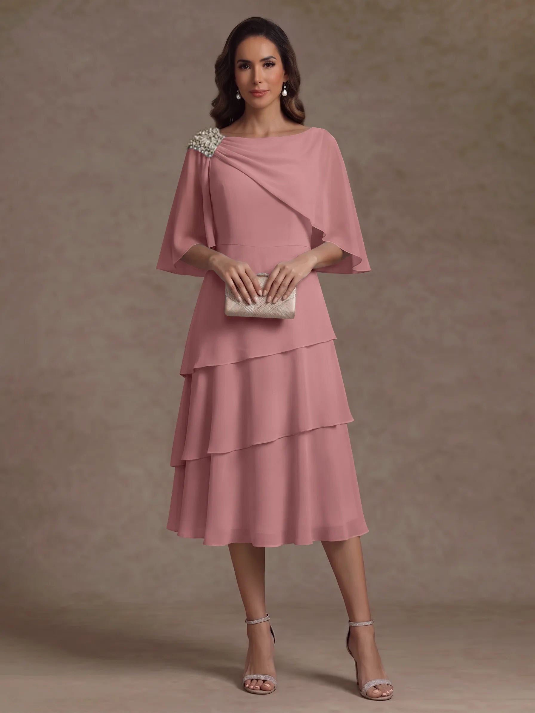 A-Line/Princess Boat Neck Chiffon Mother of the Bride Dresses Tea-Length Cape Sleeves Ruffles
