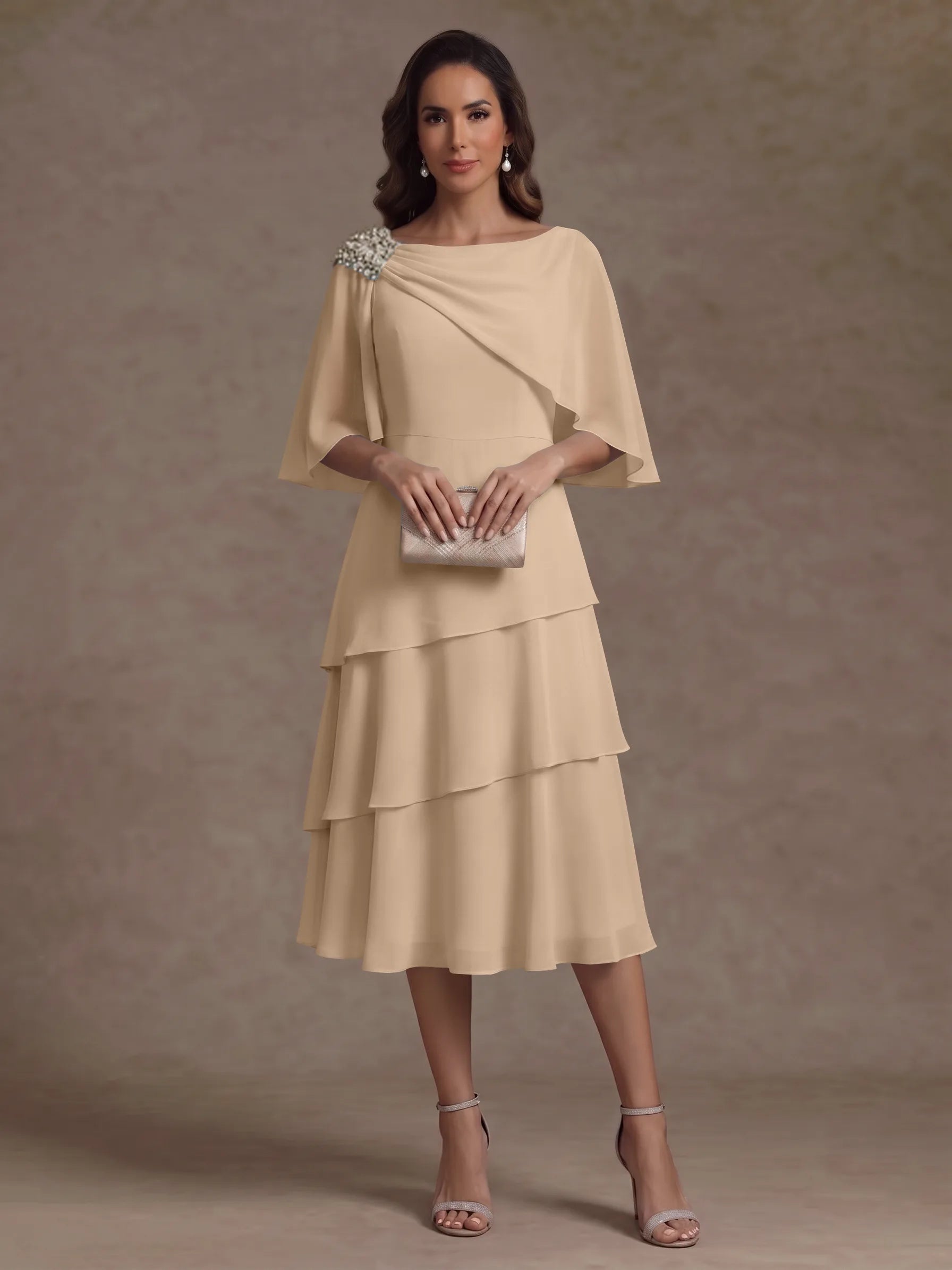 A-Line/Princess Boat Neck Chiffon Mother of the Bride Dresses Tea-Length Cape Sleeves Ruffles